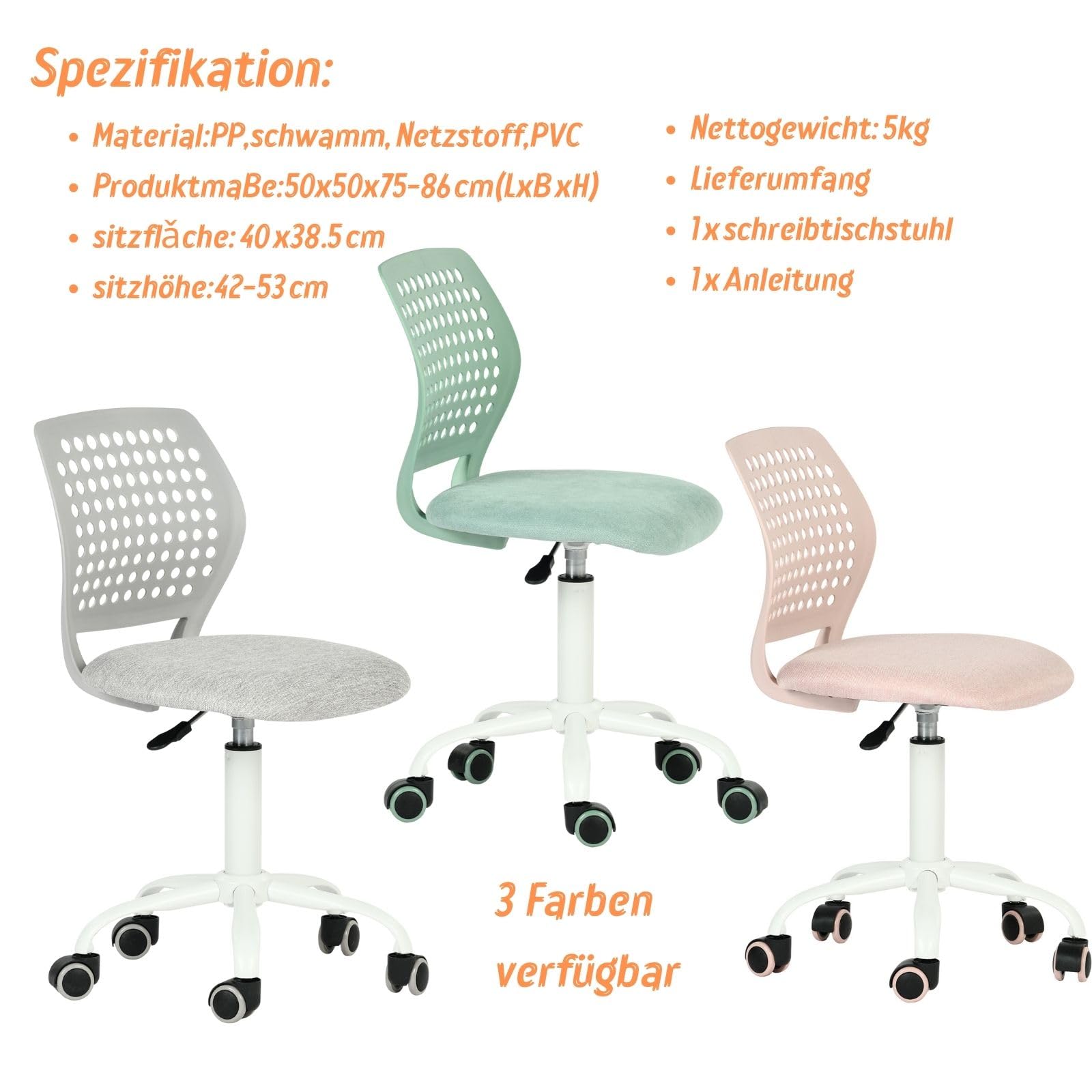 FurnitureR Sedia da gaming senza braccioli, sedia girevole regolabile in altezza con ruote, sedia da scrivania ergonomica per gaming e home office, girevole a 360°, 3 colori a scelta