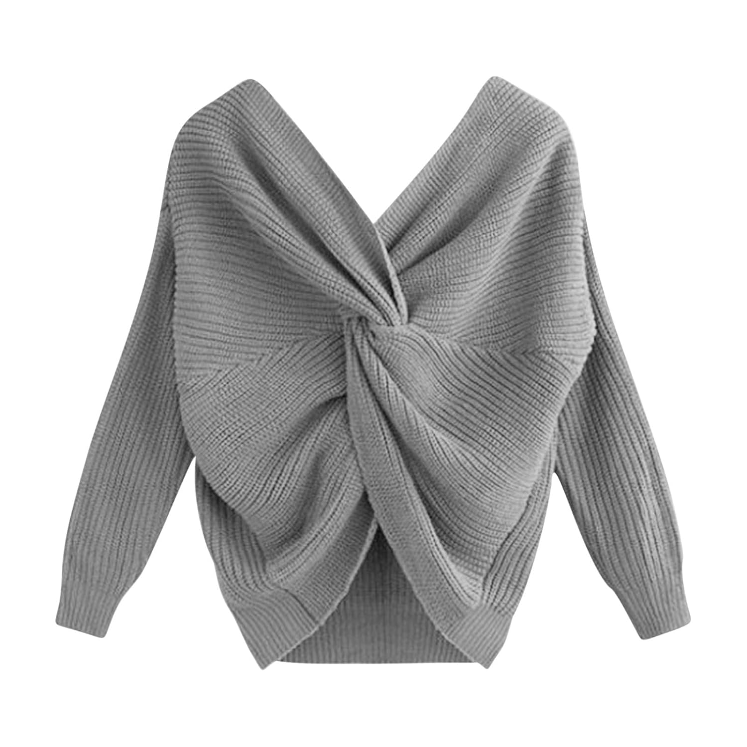 Women V Neck Criss Cross Twisted Back Sweater Long Batwing Sleeves Cropped Top Off Shoulder Pullovers Sweaters