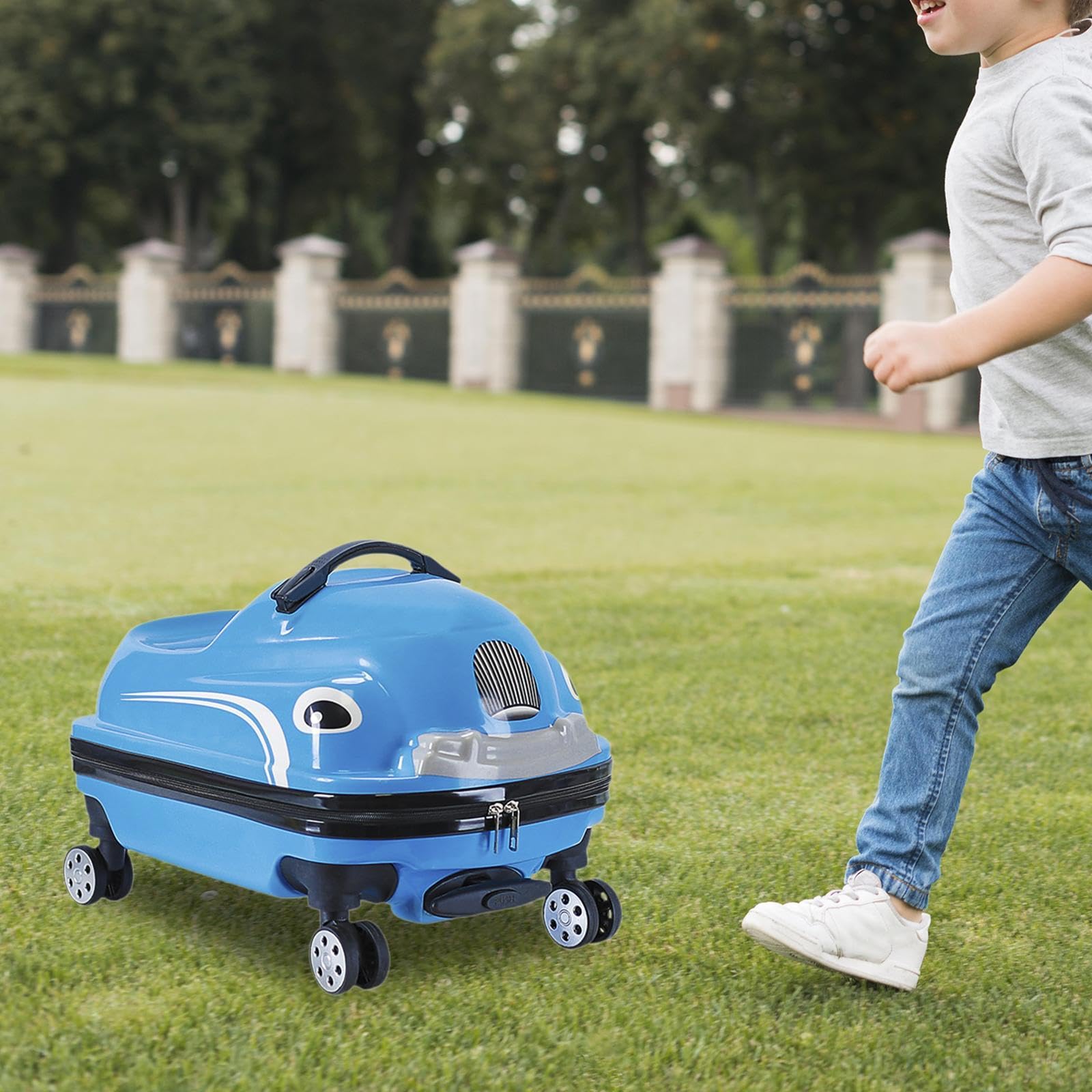 Ride On 20 Ride On Trolley Bambini Valigia Ruote Car Design Cartoon Adatto a Viaggi Scuola Regalo Bambini, Blu