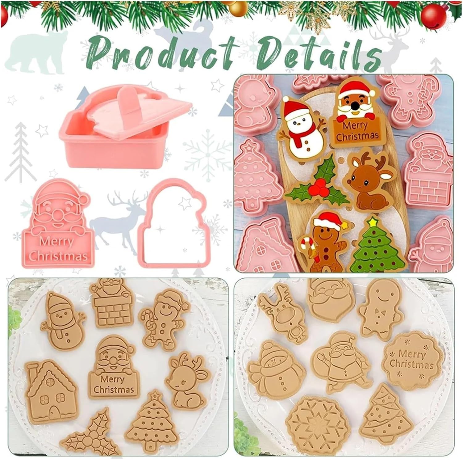 16 PCS Christmas Cookie Molds Dough Stamps Plastic Cartoon Pressable DIY Candy Baking Pastry Decoration