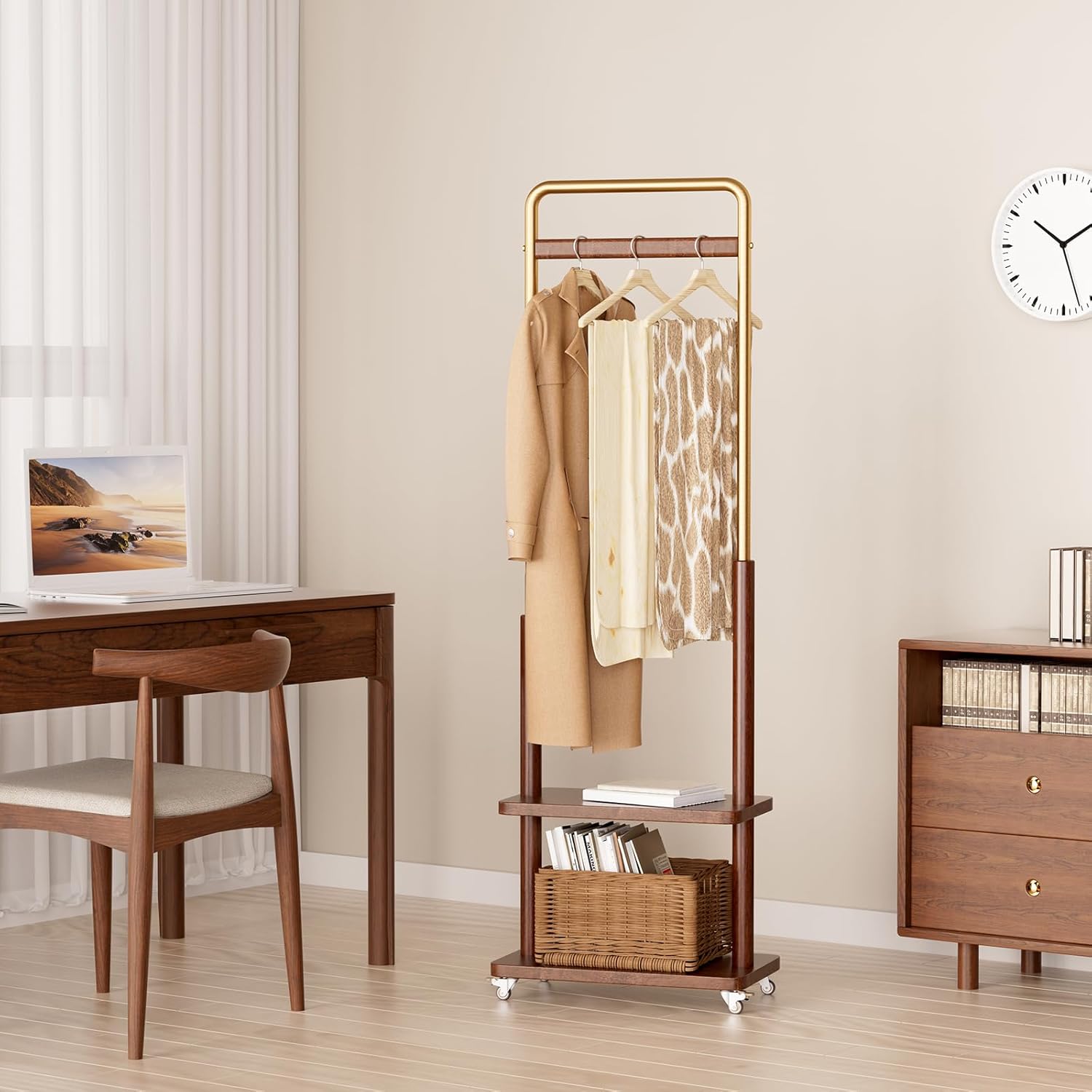 Clothes Rack Solid Wood Coat Rack,With Double Shelf Metal & Wood Clothing Rack Freestanding with Wheels for Hanging Clothes Garment, Entryway Bedroom Storage