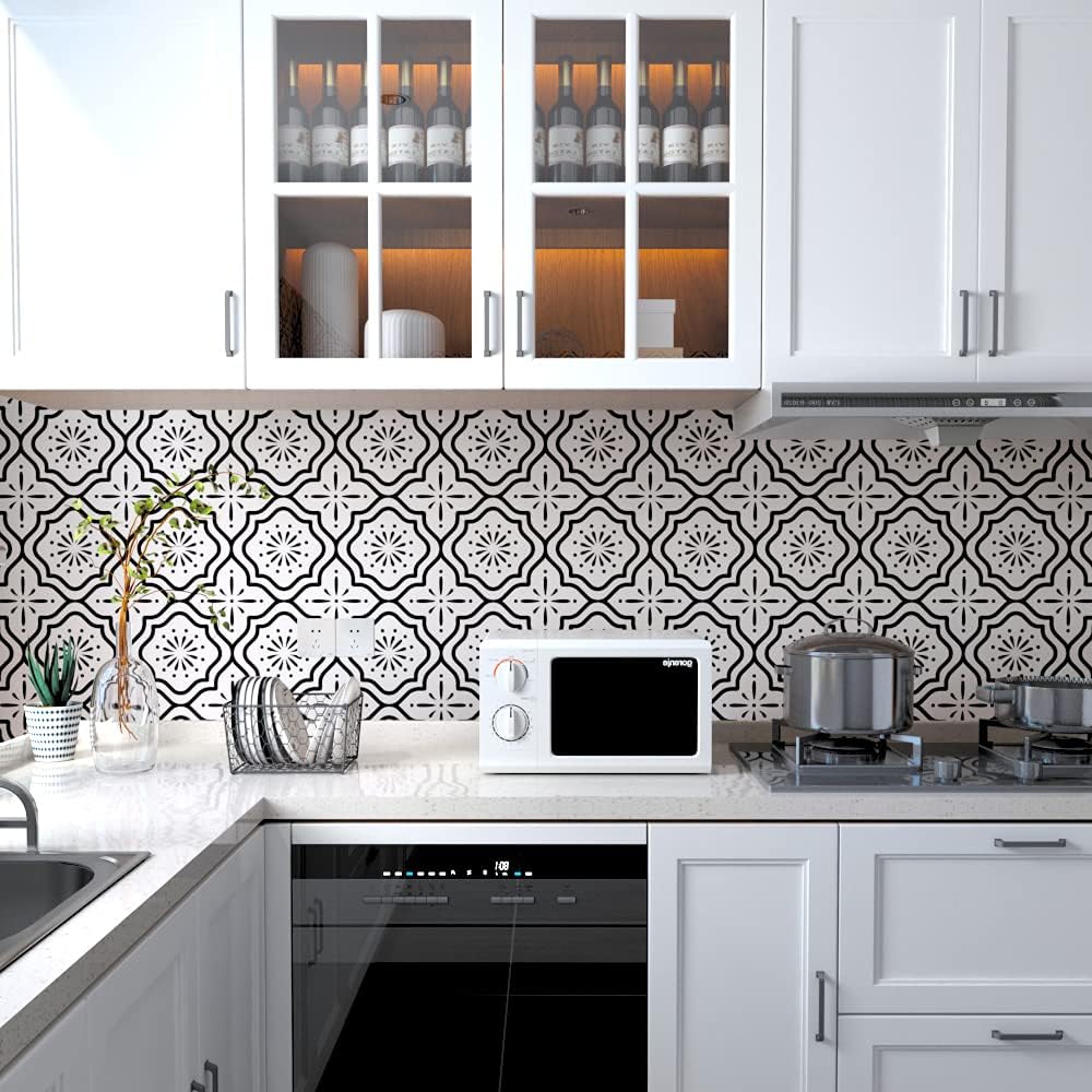 Sevalo Black White Peel and Stick Wallpaper Boho Contact Paper for Cabinets Black and White Geometric Contact Paper Self-Adhesive Removable Wallpaper Kitchen Drawer Liner Waterproof 17.5inW 393inL