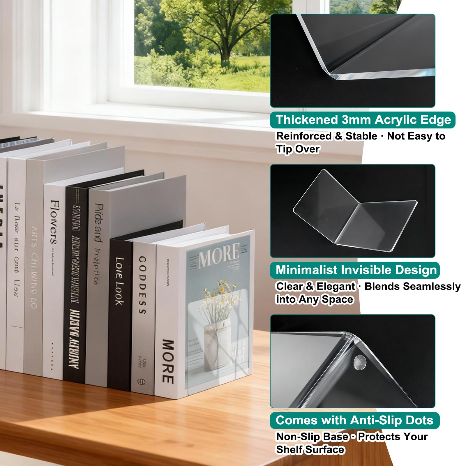 10 Stück Transparenten Buchstützen Acryl Set mit 50 Anti-Rutsch-Pad, 3mm Verdickt Buchstütze Buchstütze, Bücherständer für Schule, Büro, Zuhause, Bibliothek