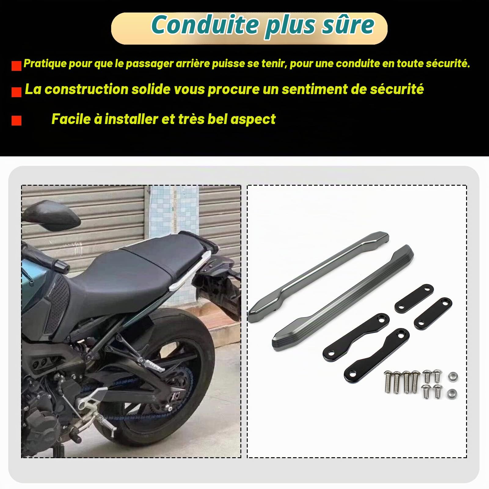 Poignée de Maintien arrière du Passager CNC Compatible avec Les pièces MT 09 FZ 09 MT09 FZ09 2013 2014 2015 2016 2017 2018 2019 2020 (Noir)
