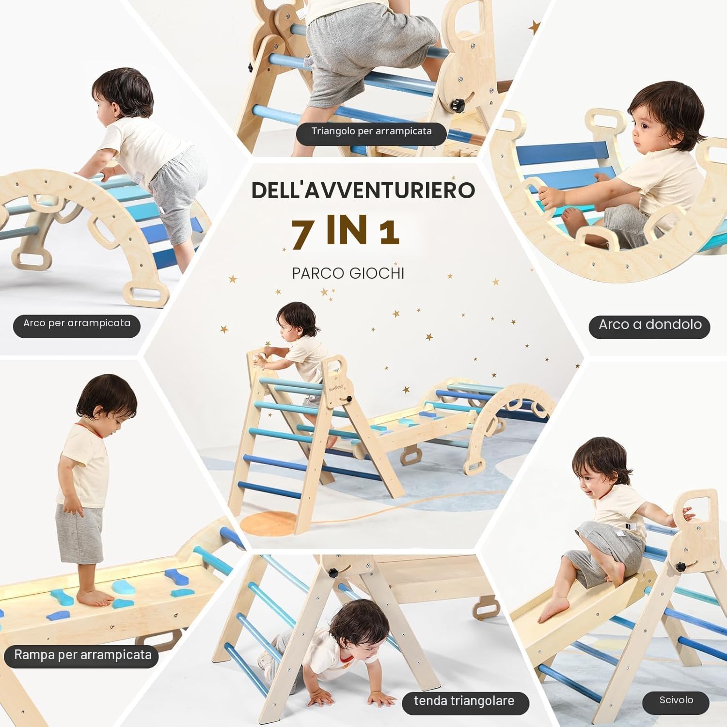 BlueWood Set da Arrampicata per Bambini 3 in 1, Set di Triangoli per Arrampicata Pieghevoli di Arrampicata Pieghevole con Scivolo ad Arco, Palestre Montessoriano e Arrampicata Indoor per Bambini