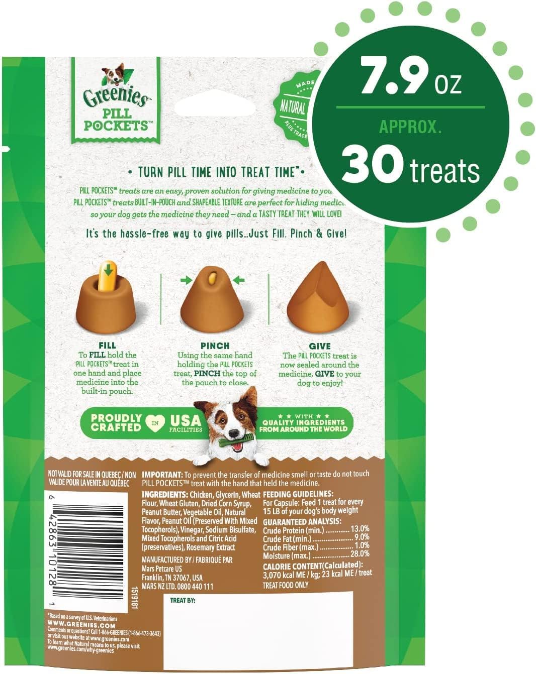 Greenies 3 Pack of Capsule Size Pill Pockets Natural Dog Treats, 7.9 Ounces Each, Peanut Butter Flavor