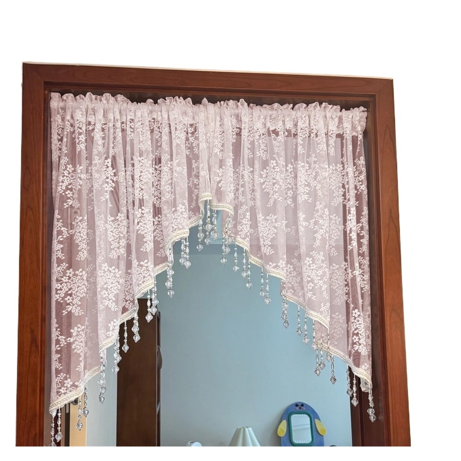 SparklWLeaf Beaded Triangle Curtain Vintage Half Curtain with Beaded Lace Triangle Curtains, Bedroom Entrance Door, Flower Tulle Kitchen(ROD POCKET_1PC W150 X H80 CM)