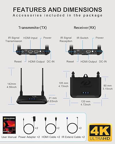 Miniatura 8 de Transmisor y receptor HDMI inalámbrico 4K, no para 2160i, 820 pies, doble 5GHZ, 1 TX a 3 RXS, 4 juegos simultáneamente, extensor IR compatible,