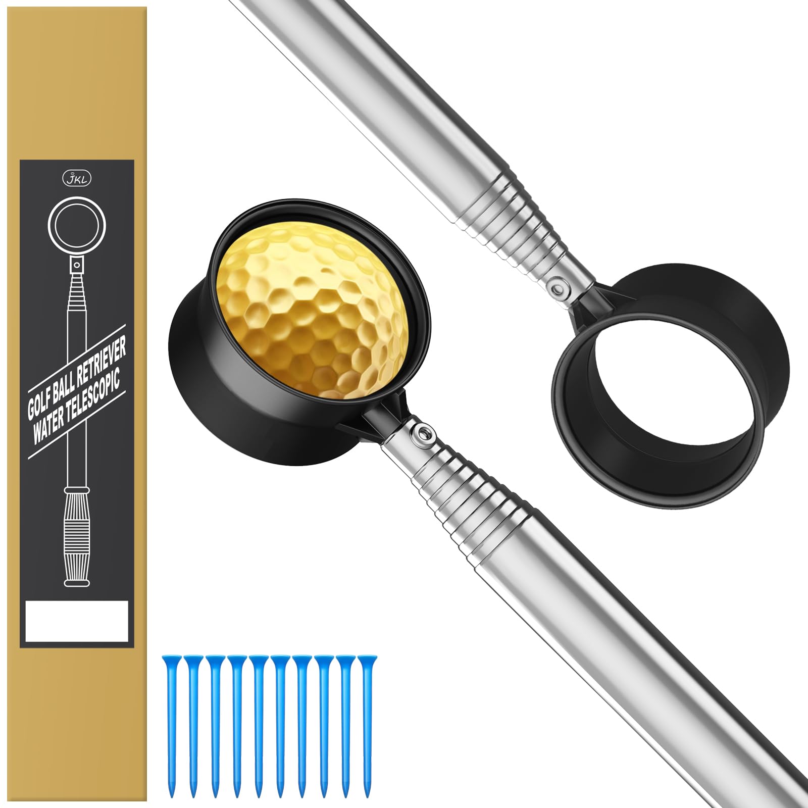 JKL 9Ft/12Ft Golf Ball Retriever for Water Telescopic, Stainless Steel Shaft, High Durability Double-Sided Ball Picker Upper Grabber, Golf Gifts for Golfers