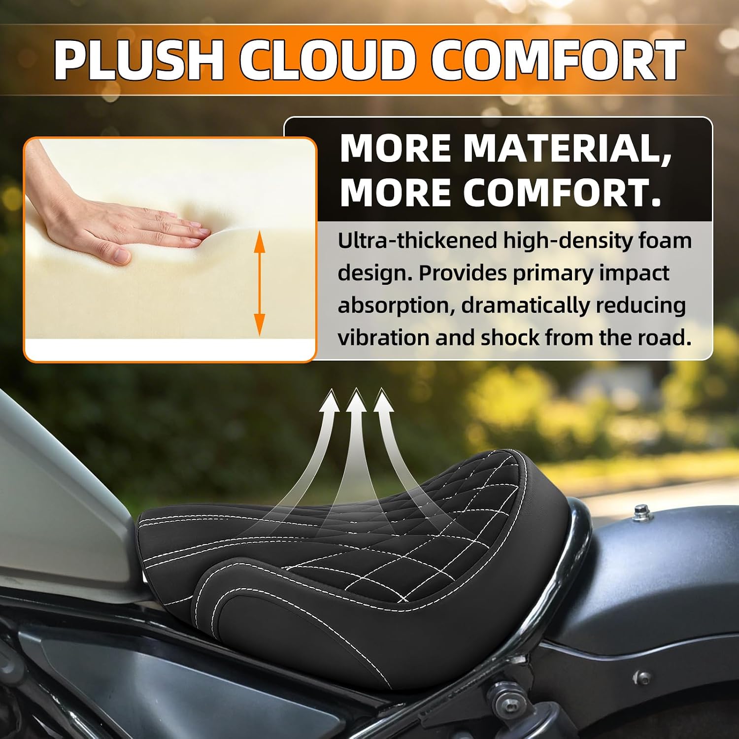 Motorcycle Solo Seat Compatible with 2017-2026 Rebel 300 Rebel 500 Front Rider Seat Silicone Cushion (White Stitching Diamond Pattern)