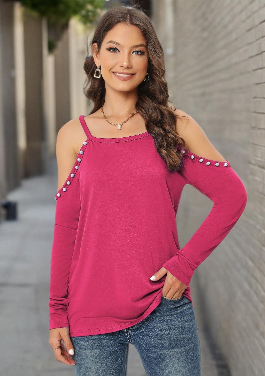 Womens Sexy Pearl Long Sleeve Cut Out Off The Shoulder Cold Shoulder Dressy Top - Image 6