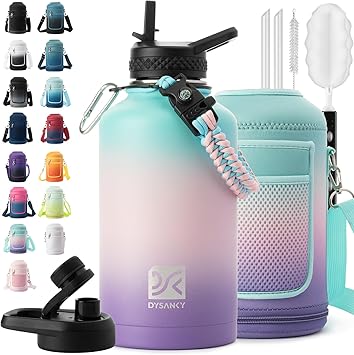 Insulated Water Bottle | Thickened Stainless Steel Vacuum Metal | Portable Sports Half Gallon Large Water Jug for Gym and Hiking with Straw, Carrier Bag, Handle Strap | BPA-Free 64 oz