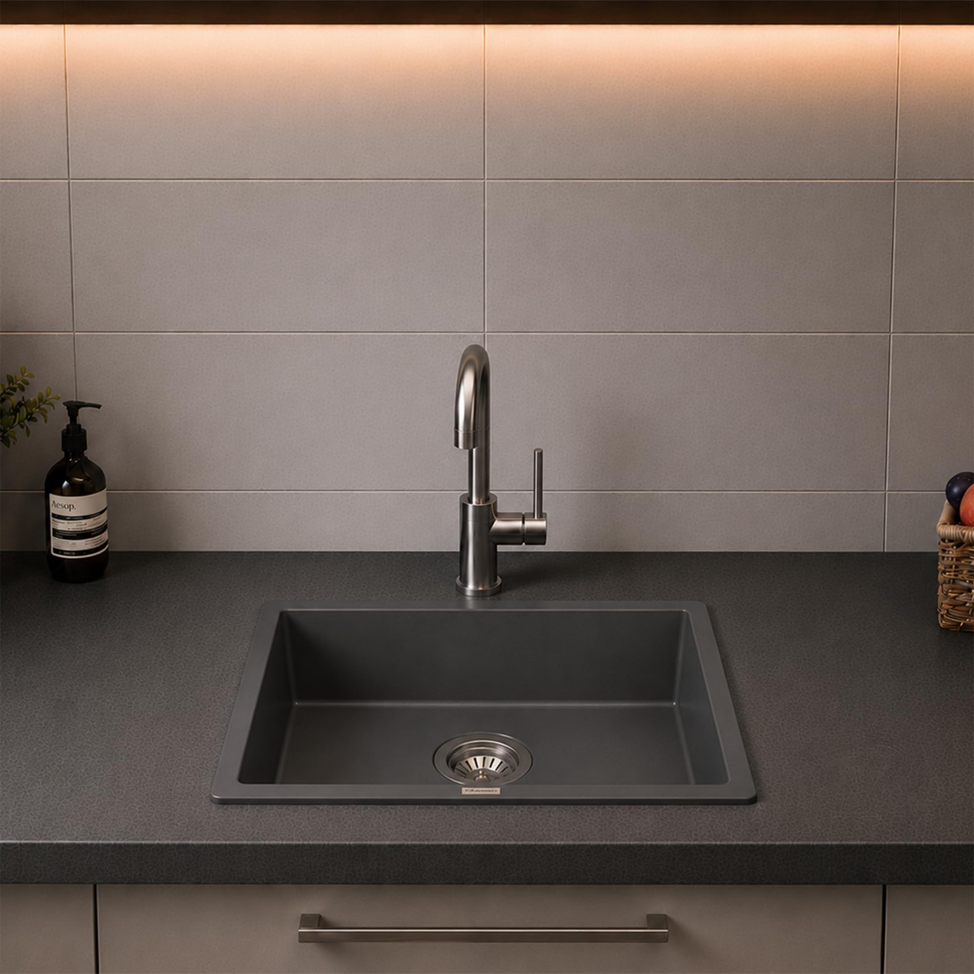 Carysil DOLCE UK Quartz Kitchen Sink 15 x 18 x 8 inches, Single Bowl, 80% Quartz & 20% Resin, Heat Resistant 300°C, 50kg Load, Scratch & Stain Resistant, Granite Sink, 304 SS Coupling - Whisper Grey