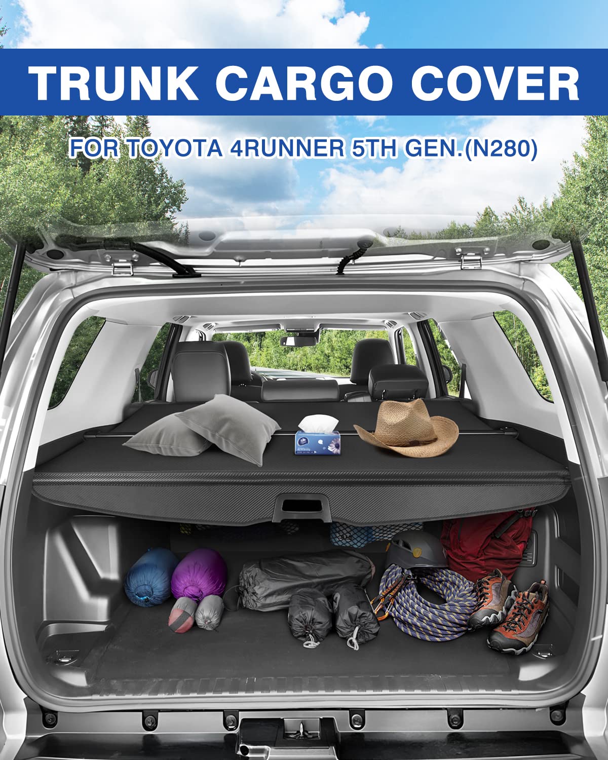 Autorder Cargo Cover for Toyota 4Runner 2010-2024 Accessories Rear Trunk Shade Cover with with Extra Storage Net Retractable Security Shield Shade Carbon Fiber Black