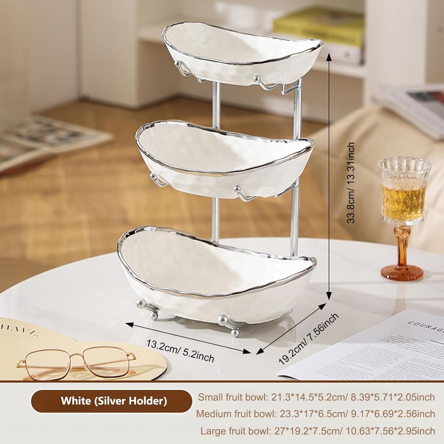 YYW 3 Tier Fruit Bowl for Kitchen Counter, White Gold Silver Ceramic Fruit Stand for Countertop, Home Fruit Rack with Metal Holder, Vegetable Snacks Nuts Bread Candy Storage (White (Silver Holder）)