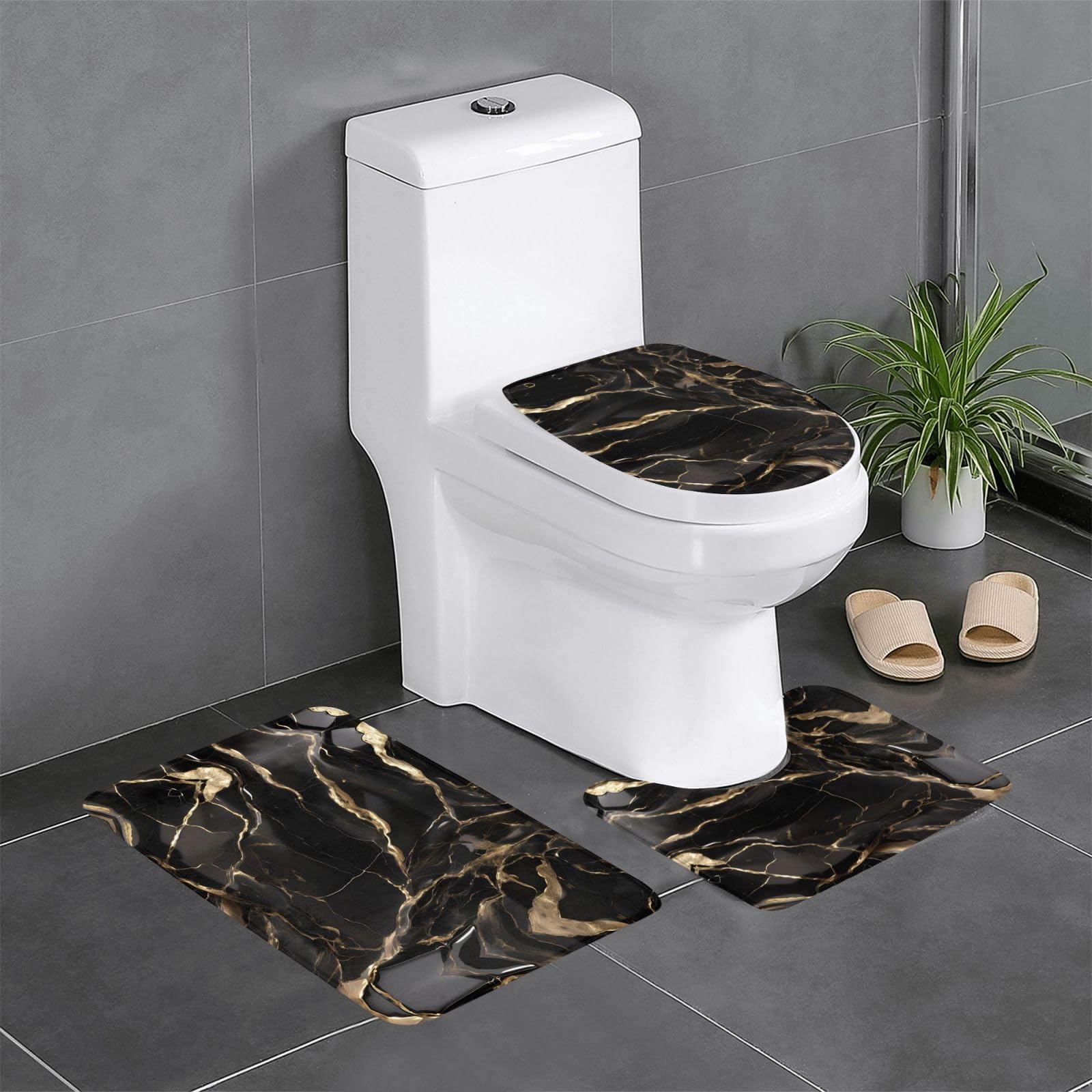 Juego de alfombras de baño premium BROLEO estilo mármol negro y líneas de oro
