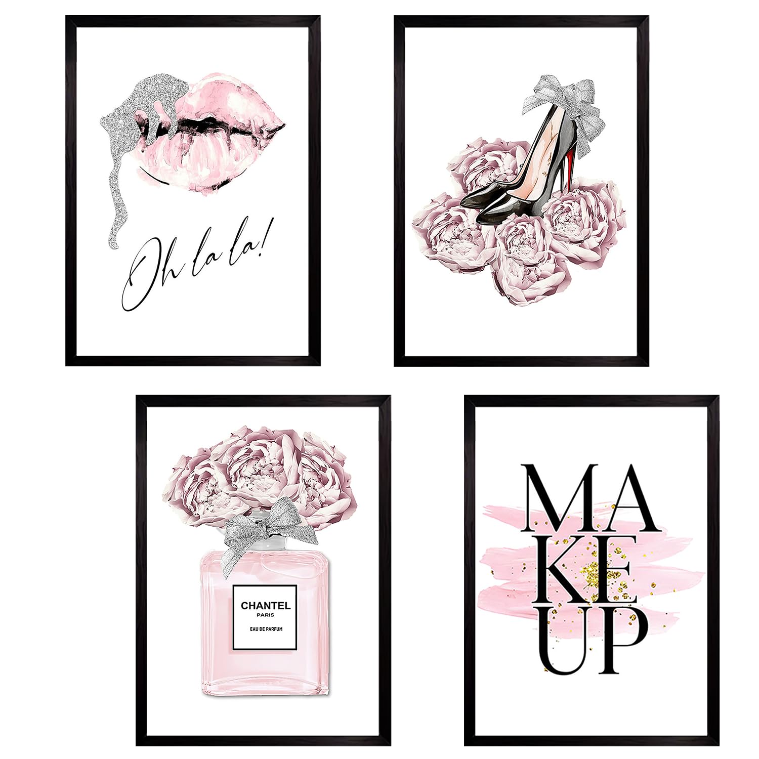 Laicaii Posters for Bedroom, Pink Room Decor Set of 4 | Cute Preppy Room Decoration High Heels, Lipstick, Makeup, Perfume Unframe Wall Art Prints for Girls Teens 8x10 Inches