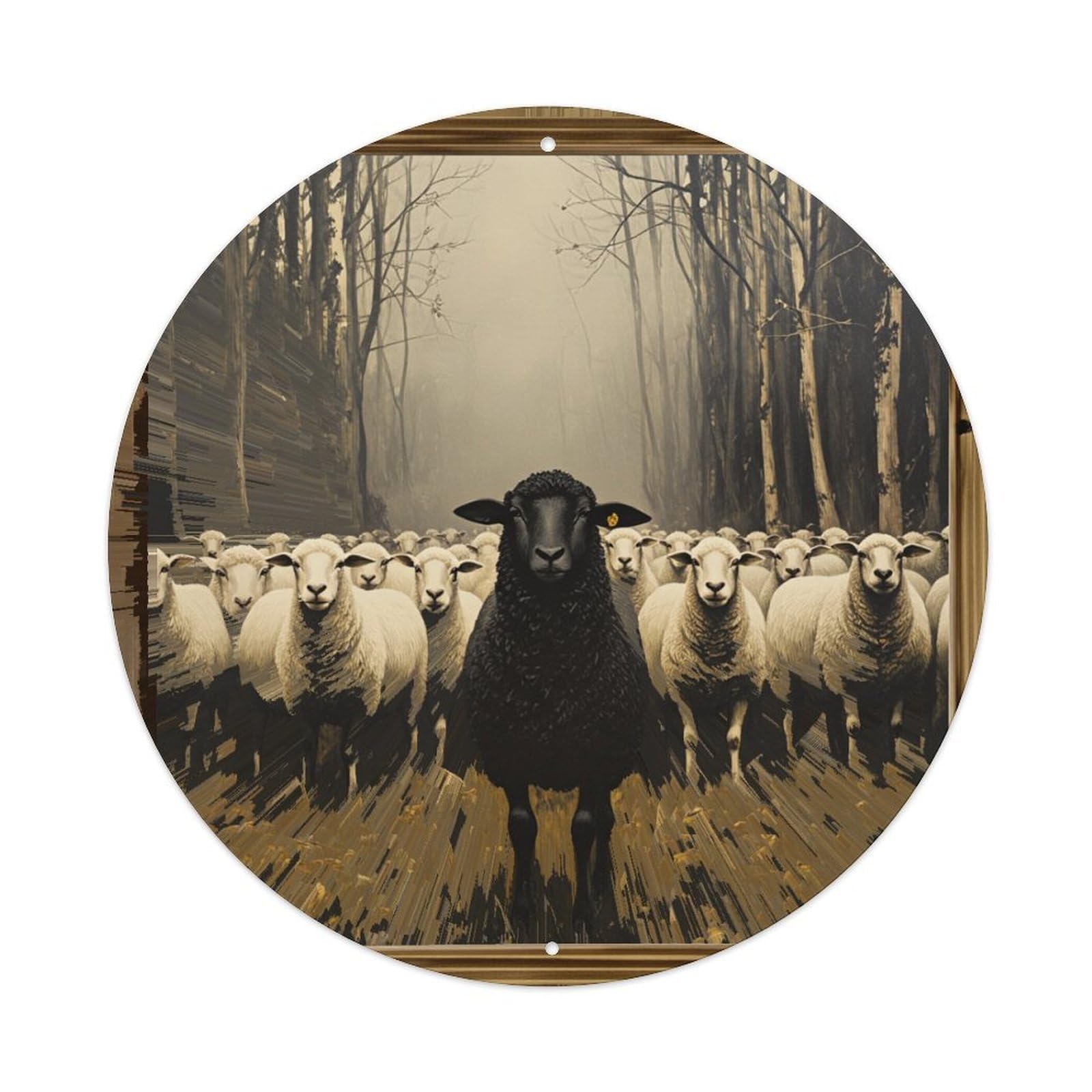 Black Sheep In Forest Herd Round Tin Sign Retro Metal Sign for Cafe Bar Pub Home Game Room Gym Club Wall Decoration Vintage Metal Poster 8x8 Inch