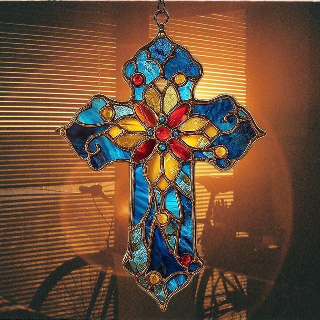 Mosaic Style Christian Cross Tiffany Effect Acrylic Suncatcher Stained Glass Effect Window Car Hanging Christmas Ornament Indoor Outdoor Decor Garden Sun Catcher Panel for Women Mom Grandma