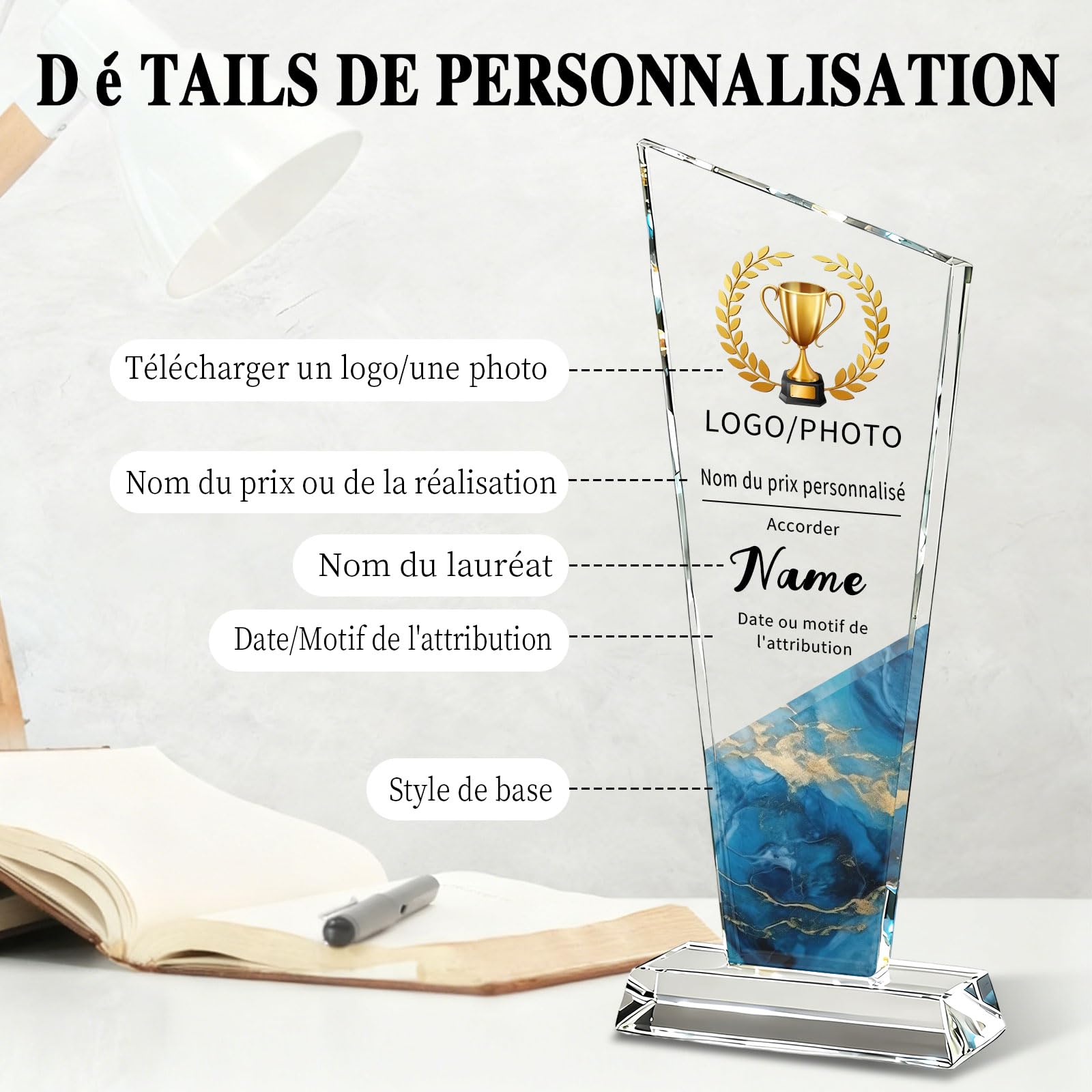 RSQGT Trophée Personnalisable en Cristal Gravé Logo et Texte Cadeau d'entreprise pour Récompense Employé, Reconnaissance, Départ à la Retraite et Cadeau pour Collègue - 2