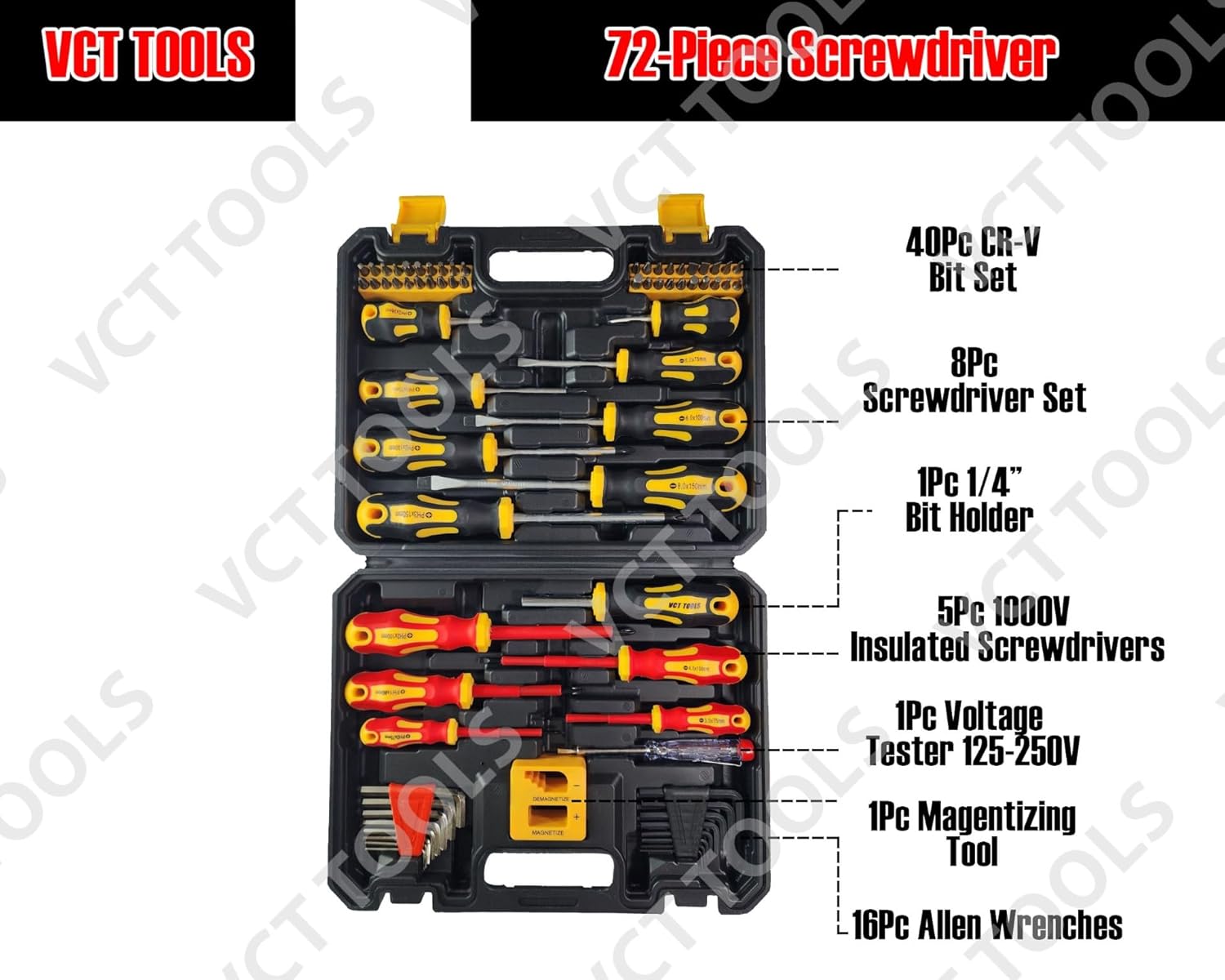 VCT 72pc Magnetic Screwdriver Set with Case Flathead, Phillips, Hex, Square, Pozidriv, Torx, and Magnetic Tip Screwdrivers