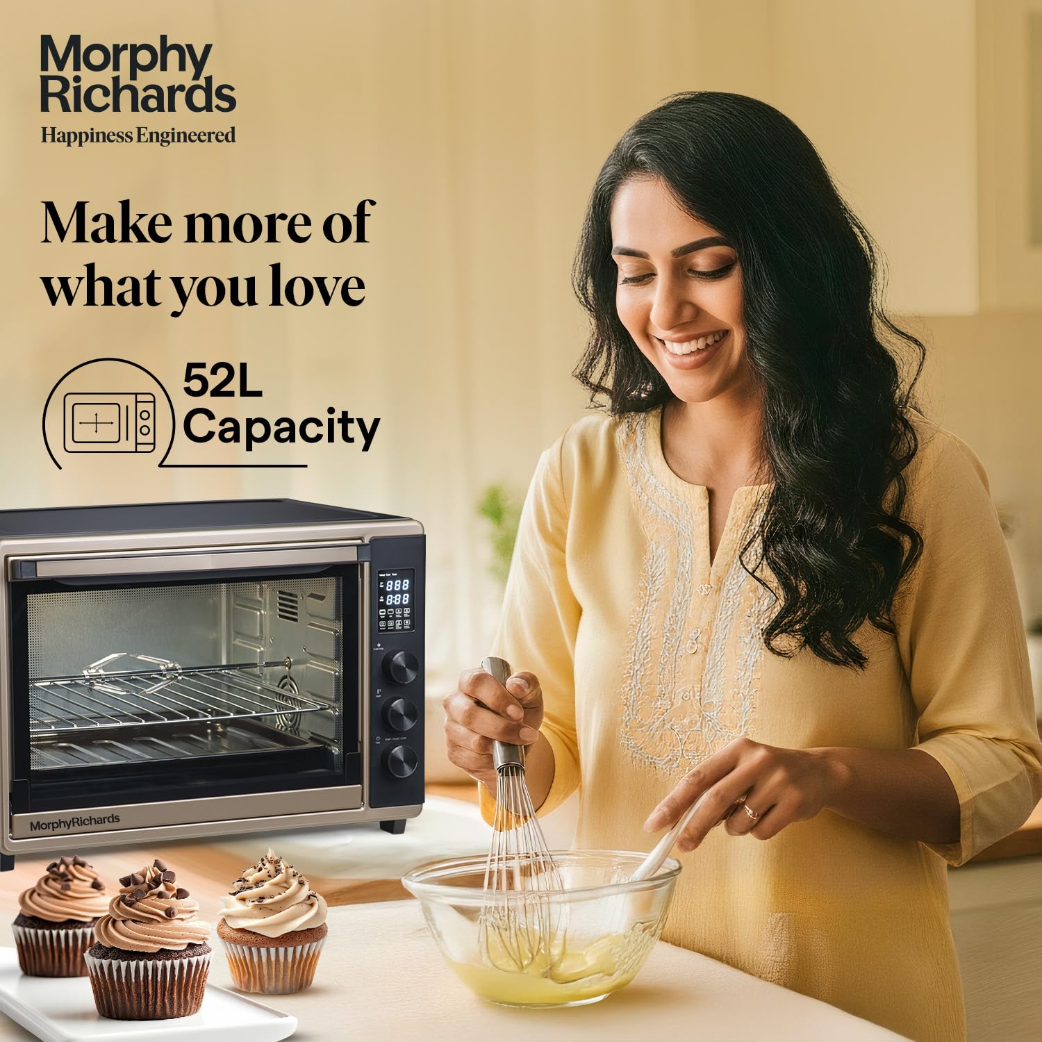 Woman whisking ingredients next to Morphy Richards 52RCD Digi OTG