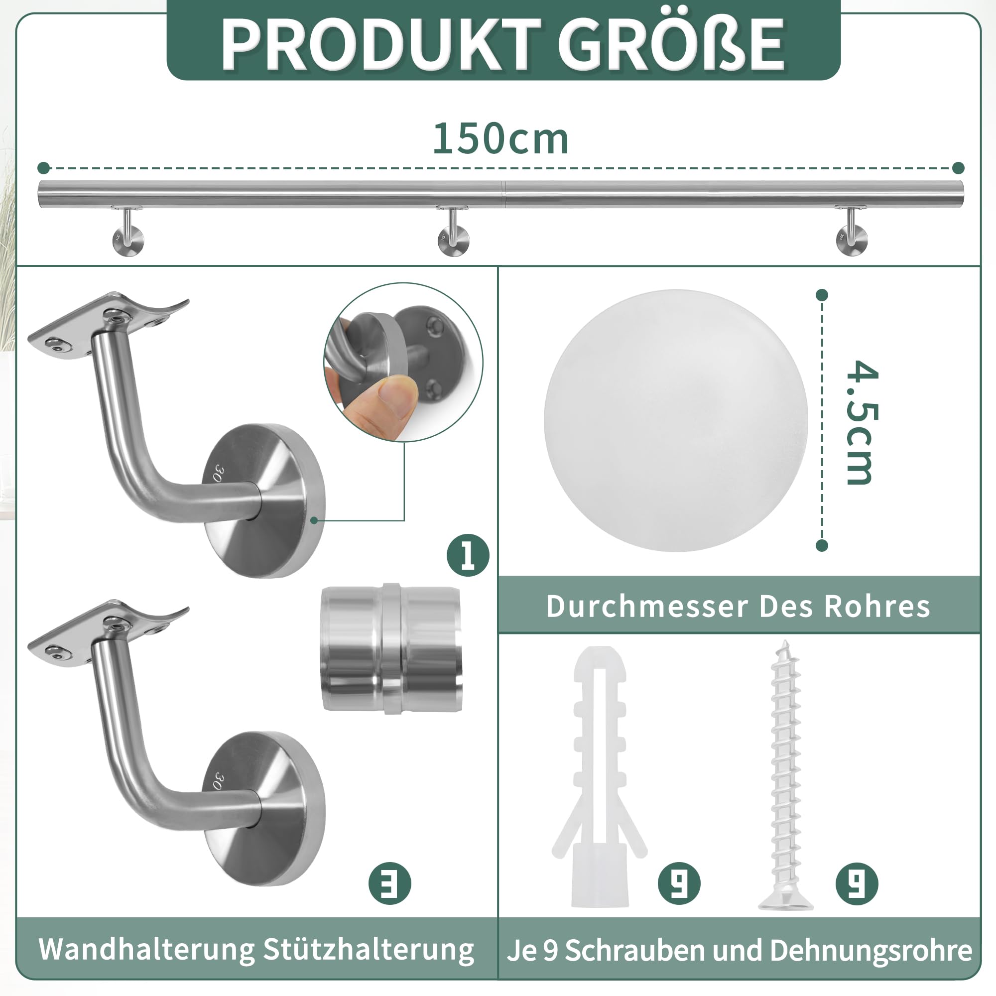 OUUTMEE - Corrimano in acciaio inox per scale da 150 cm, corrimano a parete con supporti, rotondo Ø 42 mm, corrimano interno ed esterno per soppalco, veranda, garage, terrazza