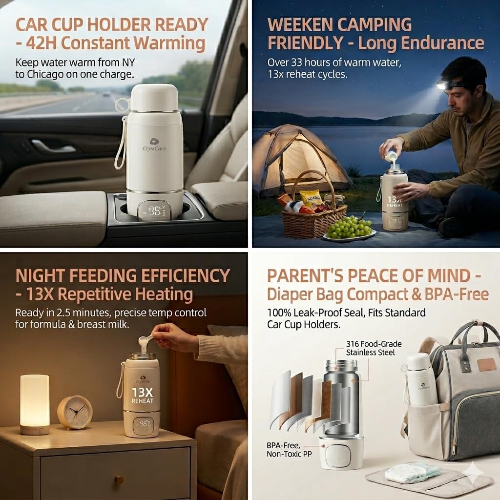 Calentador de biberones portátil para viajes, calentador de leche recargable por USB con control digital de temperatura, calentador de leche materna para bebé para coche y uso al aire libre