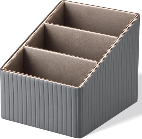 Miniatura 13 de KINGFOM Soporte para mando a distancia de piel sintética con 3 ranuras, caja de almacenamiento para artículos diversos, guía de TV, correo, Beige