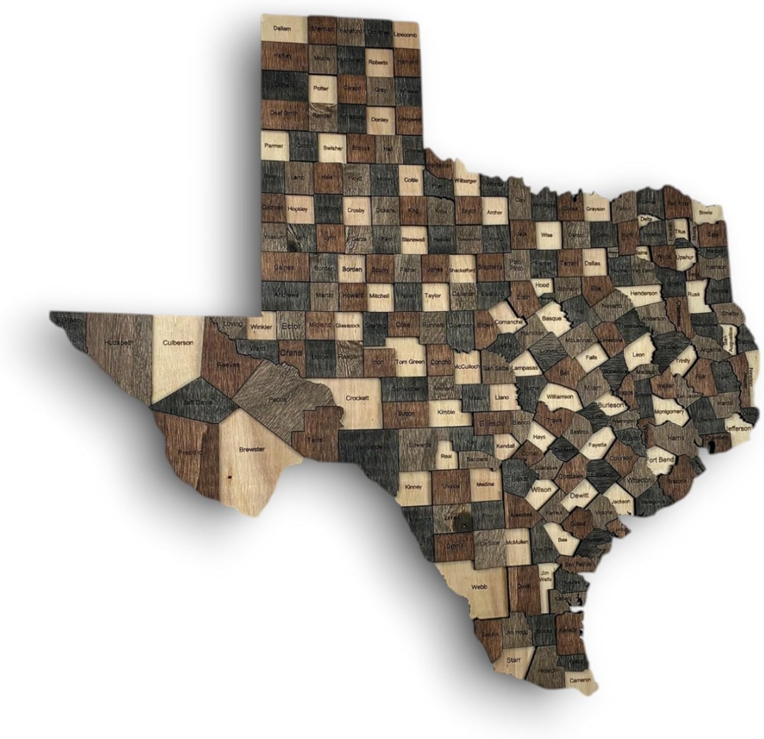 3D Wooden Texas Map - Handcrafted Lone Star State Wall Art, Detailed Texas Decor for Home and Office (Mocha)
