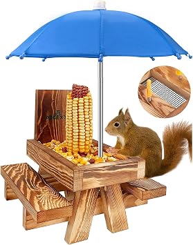 Squirrel Feeder Picnic Table with Tall Umbrella, Wooden Squirrel Feeders for Outside, Cute Chipmunk Feeder with Corn Cob Holder, Solid Structure, Thick Wood Rustic Brown Red Umbrella