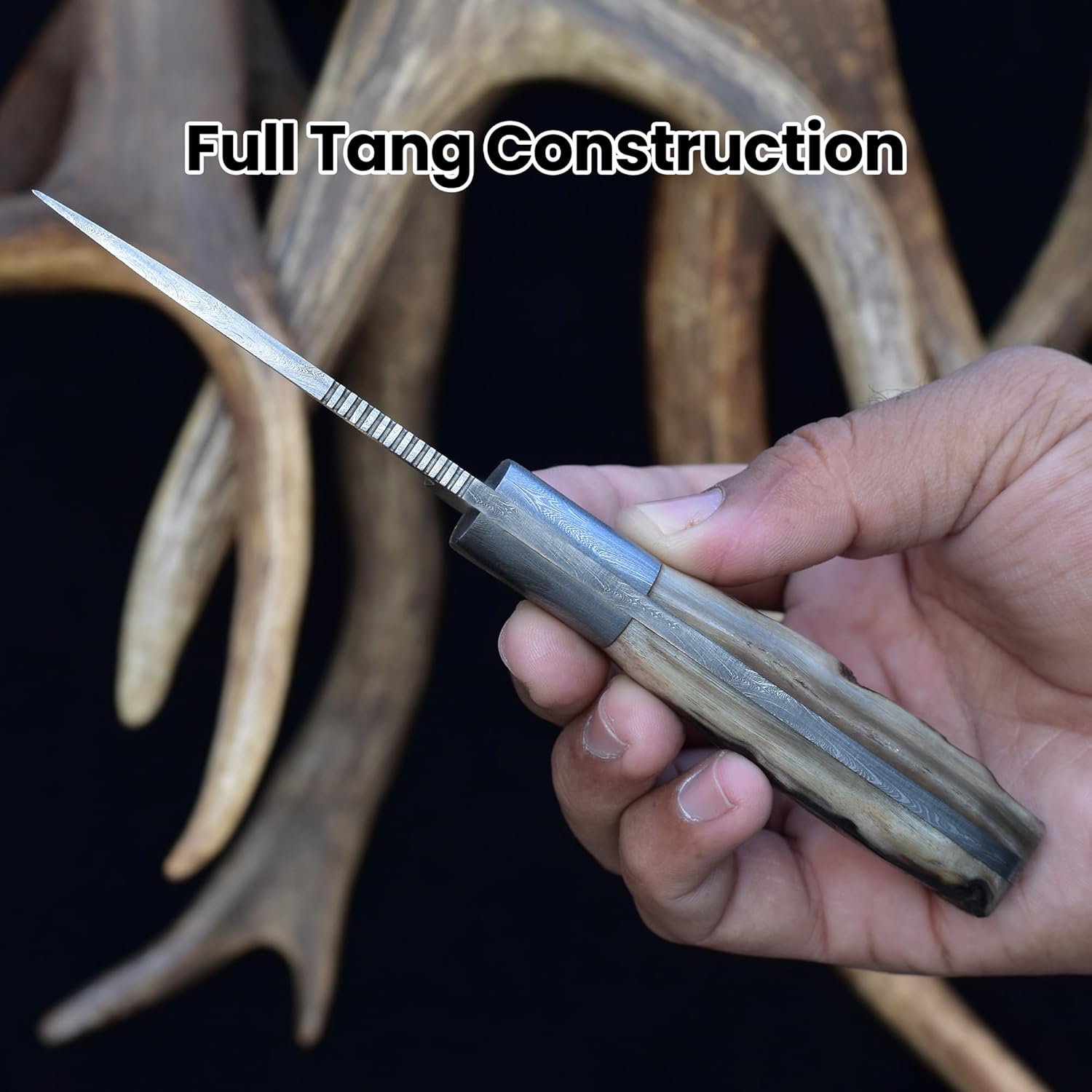 Knives Ranch Fixed Blade EDC – Damascus Steel Hunting Knife – Full Tang Ranch Knife – Ram’s Horn Handle – Cowboy Style Horizontal Carry Sheath (2111-RH)