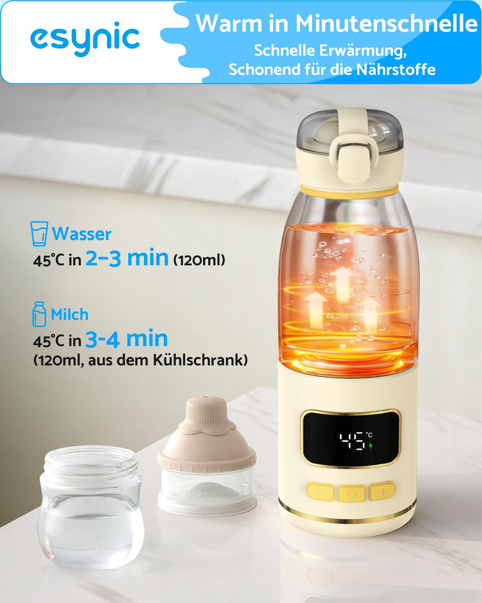 eSynic Babyflaschenwärmer 450ml Kapazität 15000mAh Akku Tragbarer Flaschenwärmer Edelstahl 316 Schnellaufheizung in 2-3 Min. Muttermilch & Wasser USB-C Ladeanschluss BPA-frei Reisen & Nachtfütterung