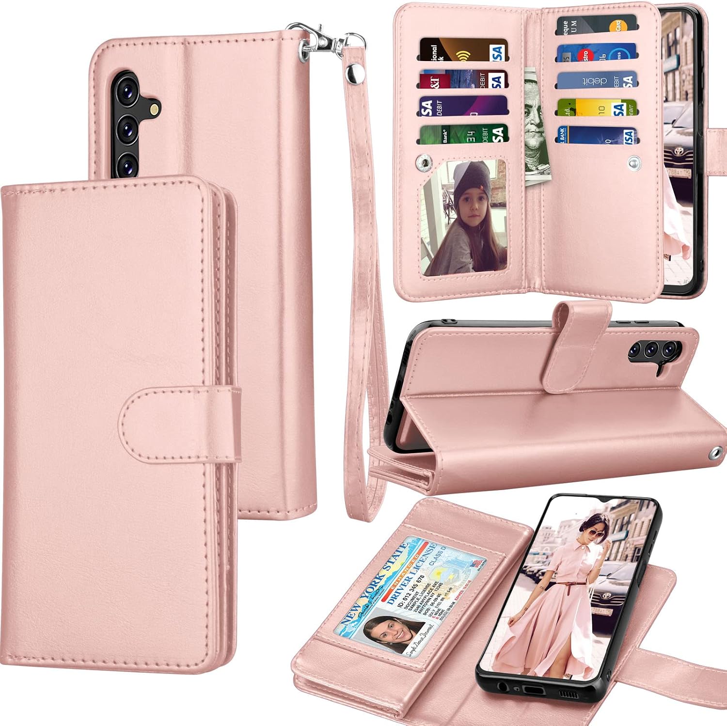 Galaxy A13 5G Case, Galaxy A13 5G Wallet Case, Tekcoo Luxury PU Leather Cash Credit Card Slots Holder Carrying Folio Flip Cover [Detachable Magnetic Hard Case] Kickstand for Samsung A13 5G [Rose Gold]