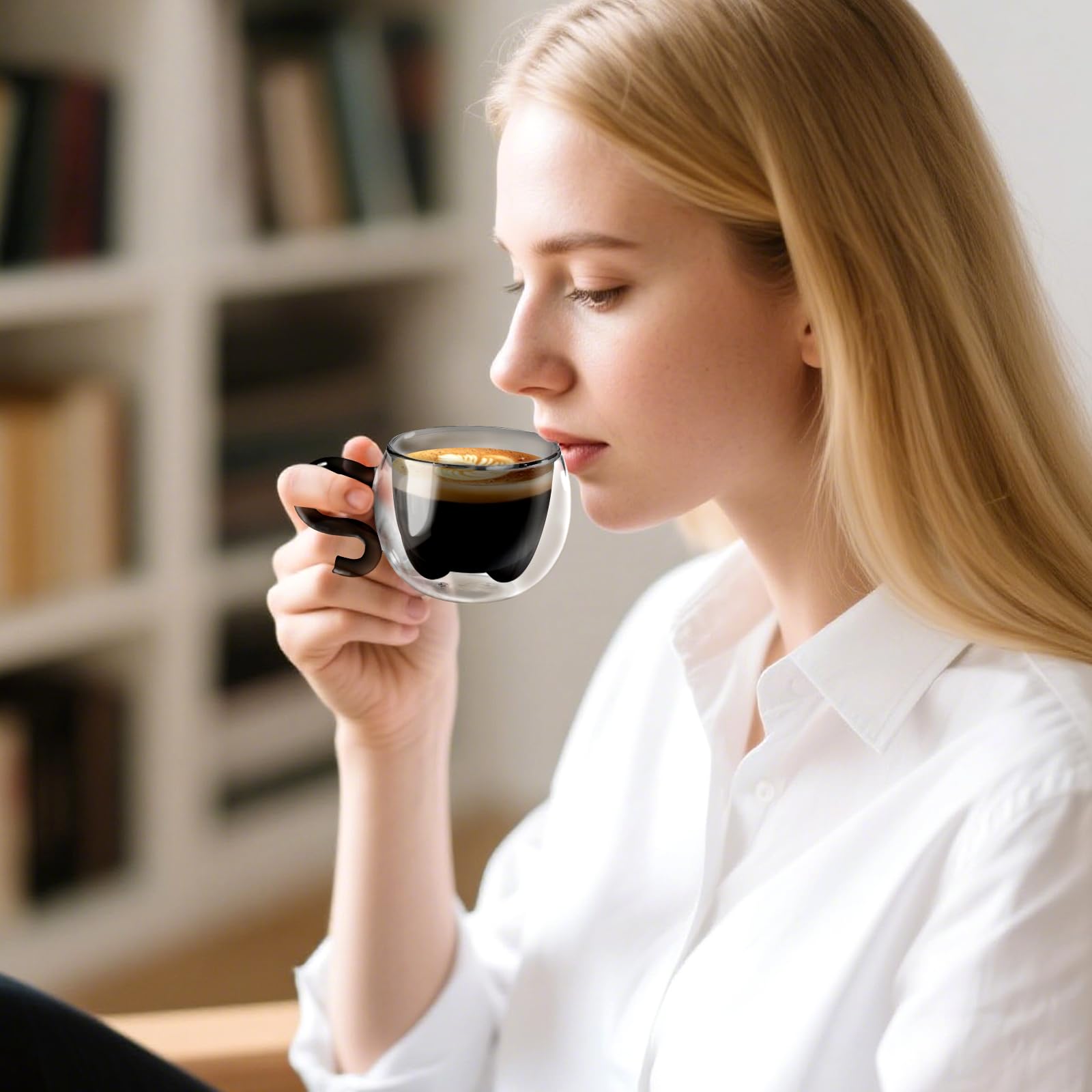ecooe 2 Pezzi Nero Bicchieri da Caffè a Doppia Parete con Simpatico Gatto 130 ml, Regalo di Compleanno per Donne, Uomini, Mamme, Bambini, Tazza da Caffè Espresso per Caffè Freddo e Latte