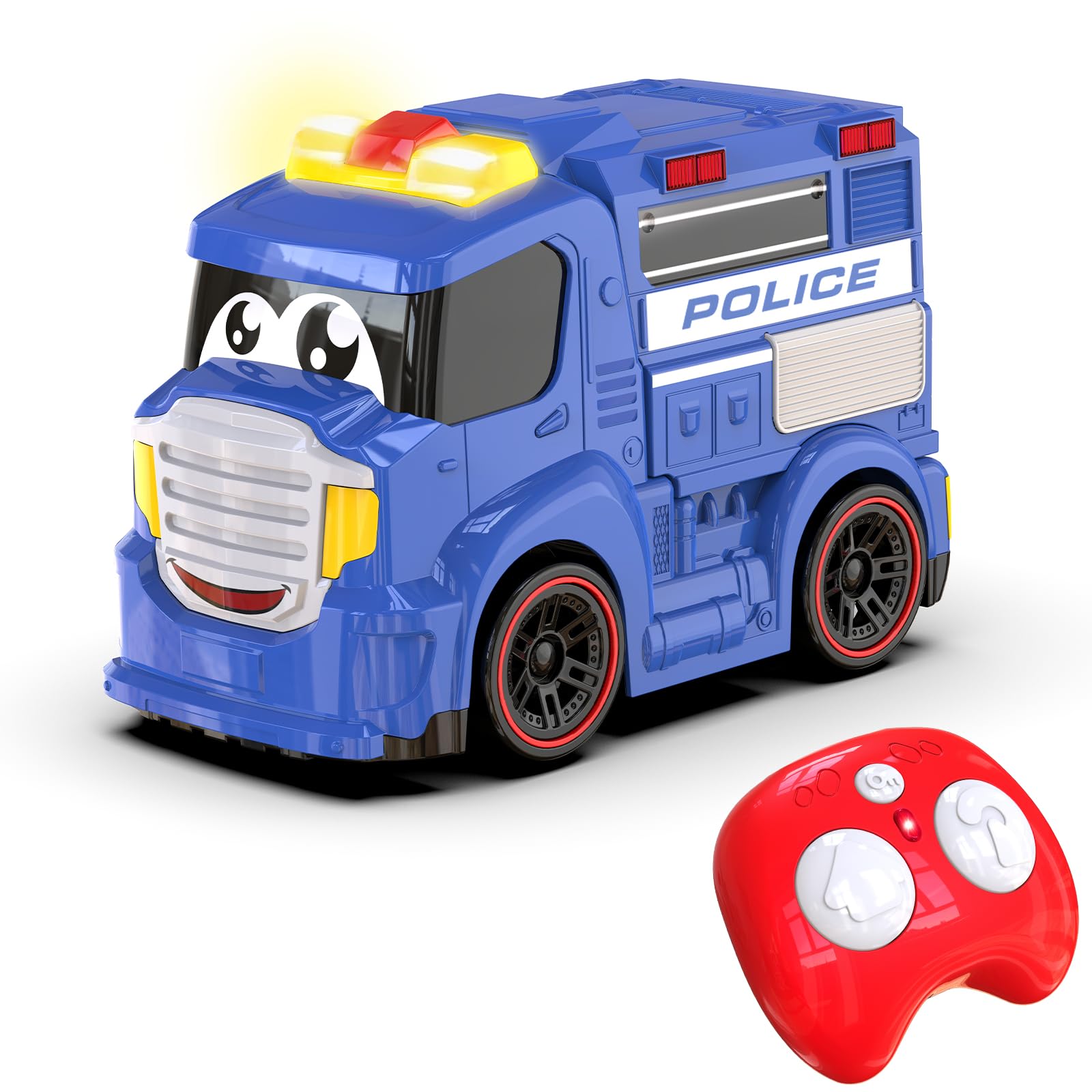 AEROQUEST Remote Control Police Car Truck Toy Cars for Toddlers 1-3 with Sirens & Flashing Lights Cartoon RC Emergency Vehicle for Kids 3-5 Boys &