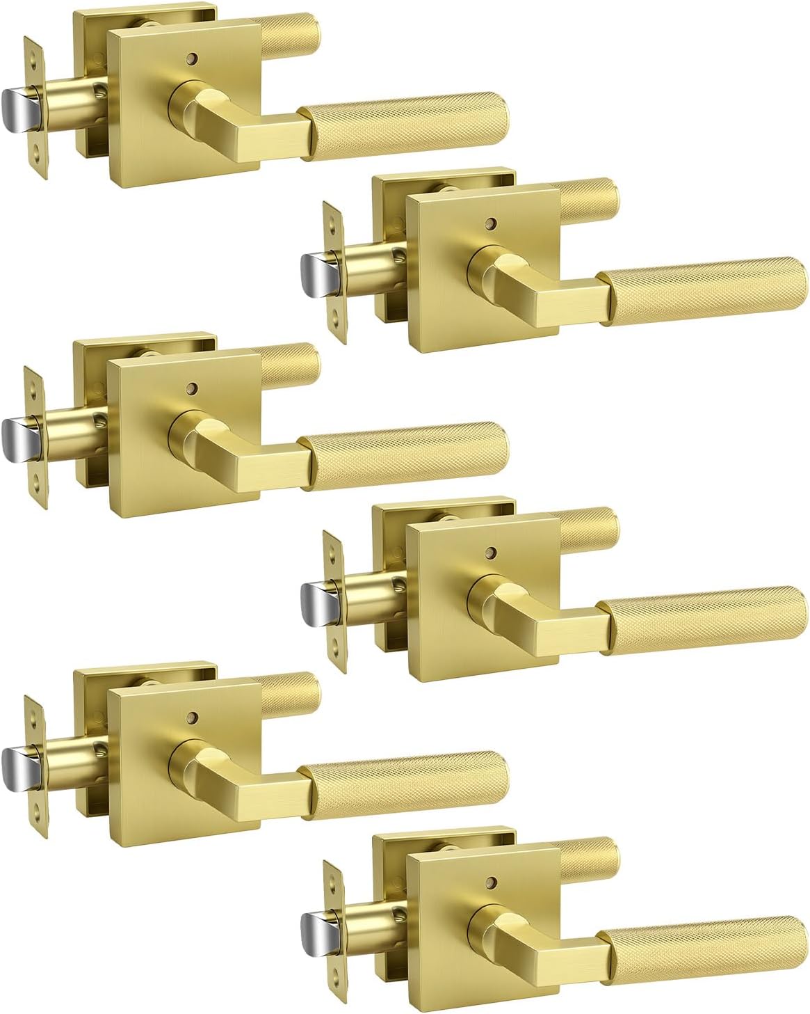 KNOBWELL 6 Pack Door Handles Interior Privacy Door Knob for Bed and Bath Gold Door Leverset Modern Doorknob (Push Button)