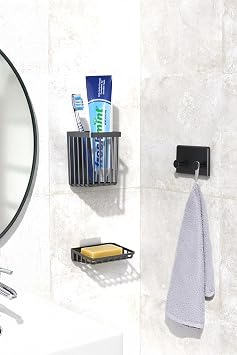 ATA HOME Banyor 6'Lı Banyo Seti Yapışkanlı Banyo Düzenleyici Şampuanlık Diş Fırçalık Sabunluk Askılık Takımı Siyah