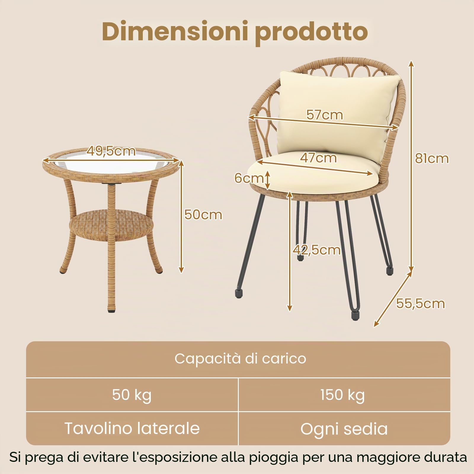 LIFEZEAL Set di 3 pezzi con tavolo in vetro temperato, cuscini per seduta e schienale, mobili da esterno per balcone, terrazza (55,5 x 57 x 81 cm)