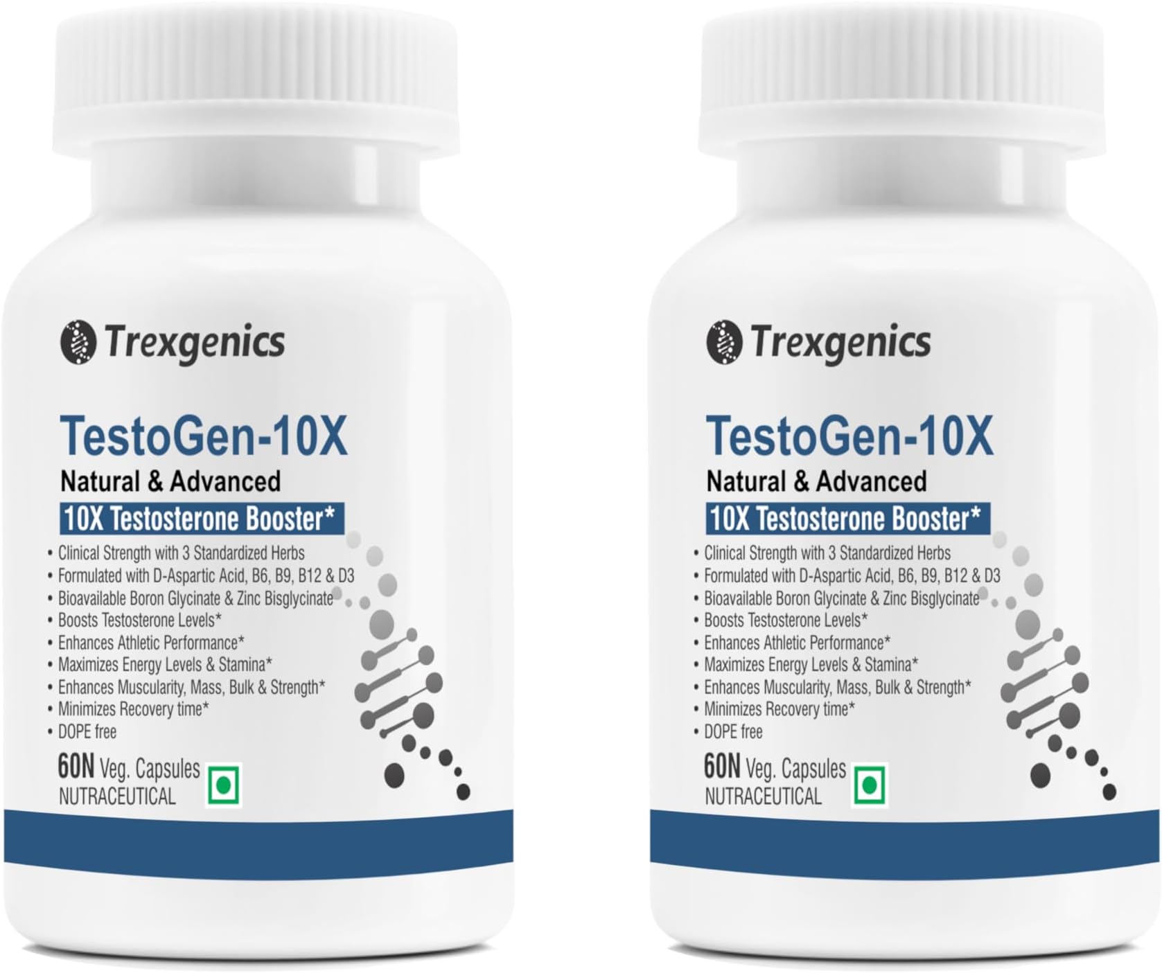 Trexgenics Testogen-10X Synergistic Testosterone and Athletic Performance Booster with Ashwagandha withanolides, Fenugreek & Tribulus saponins, Boron Glycinate,Zinc,Aspartic acid,D3 (60 x 2 = 120 Veg Capsules)
