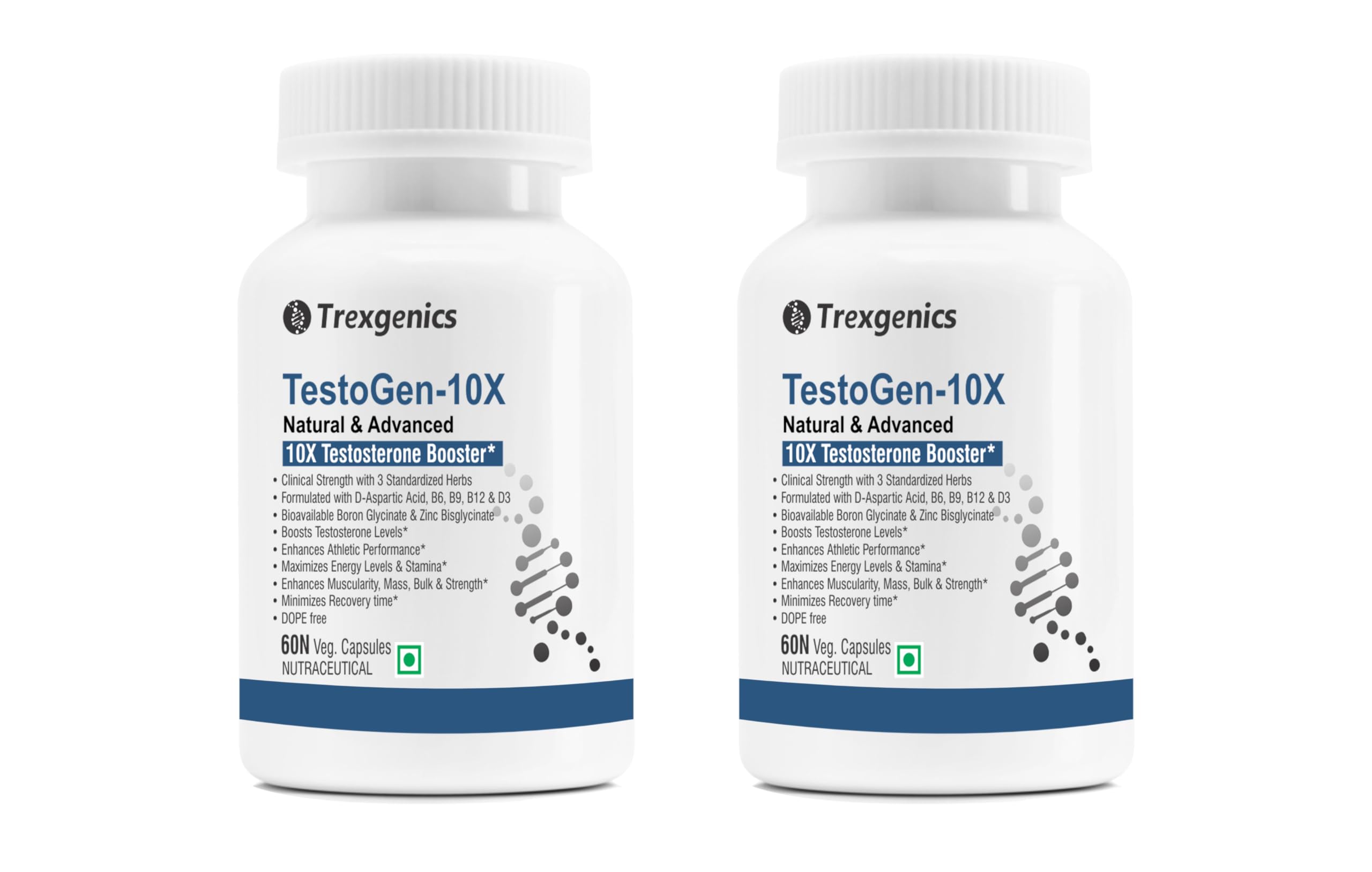 Trexgenics Testogen-10X Synergistic Testosterone and Athletic Performance Booster with Ashwagandha withanolides, Fenugreek & Tribulus saponins, Boron Glycinate,Zinc,Aspartic acid,D3 (60 x 2 = 120 Veg Capsules)