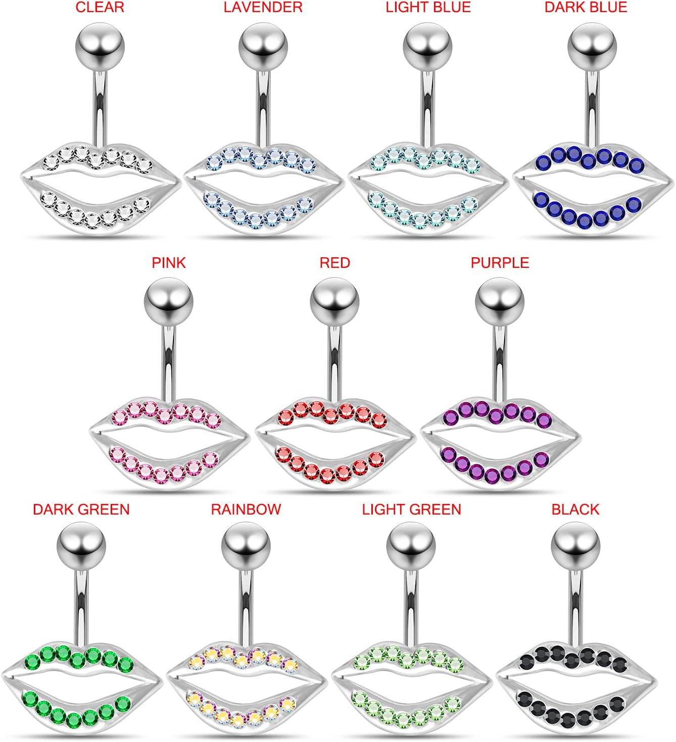 Multi Crystal Gemstone Fancy Lip Design 925 Sterling Silver with Stainless Steel Belly Ring - Belly Button jewelry - Navel jewelry