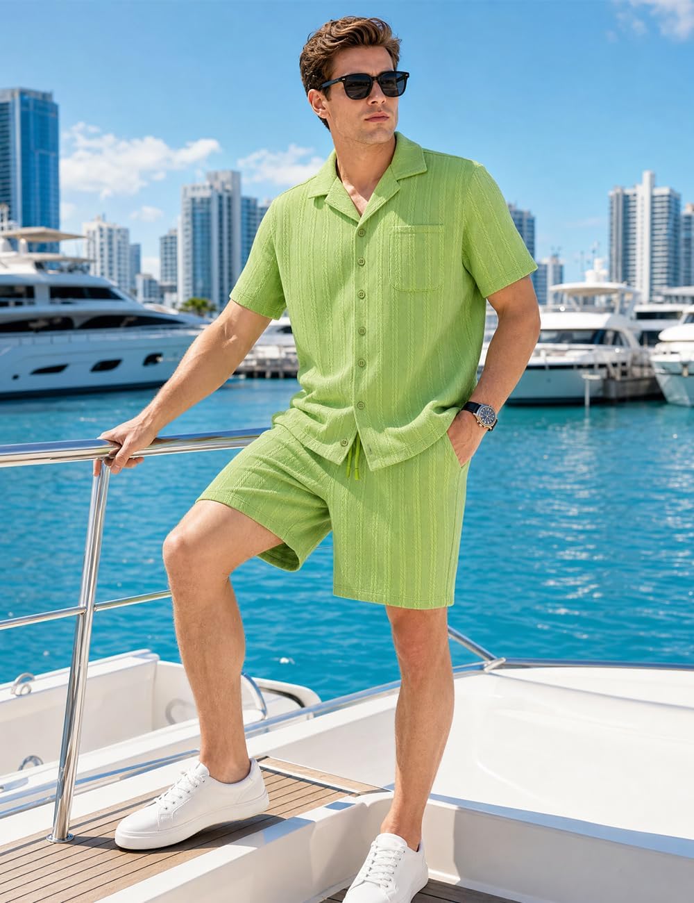Men's Summer Outfits 2 Piece Jacquard Knit Tracksuit Textured Set for Beach Vocation Short Sleeve Shirts & Shorts