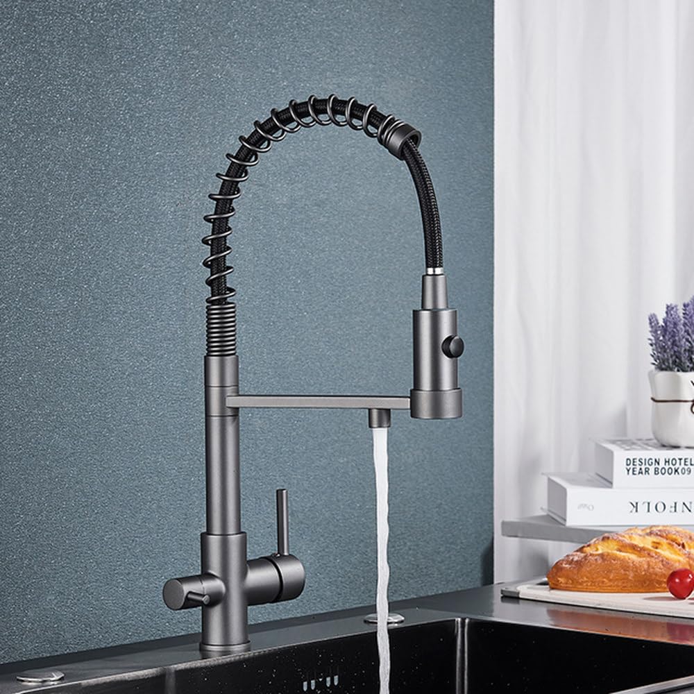 FCXWEVR Dual Spout Kitchen Water Filter Faucet Rotating Drinking Water Mixer Tap Grey Matte Finish Water Purification System for Home Use