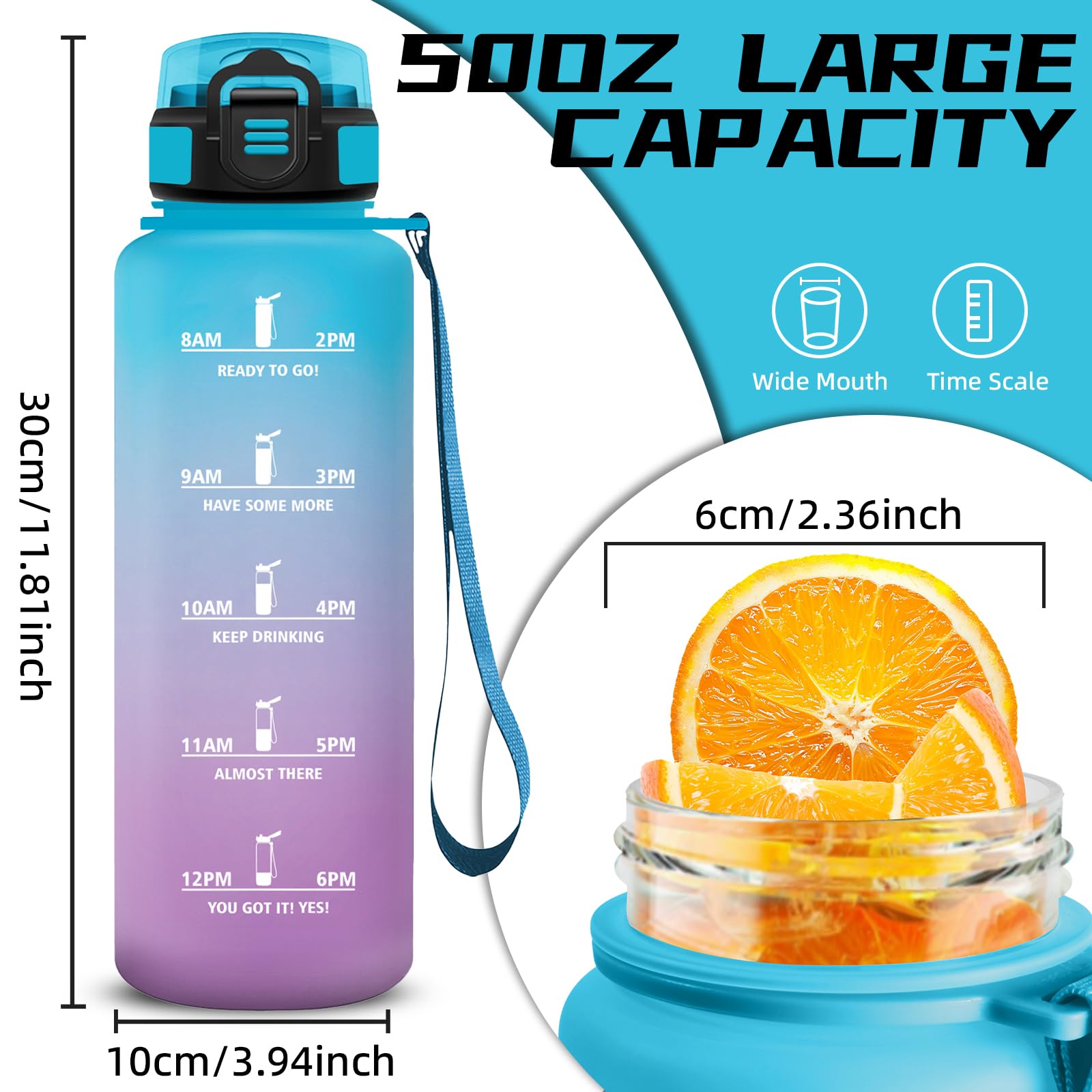 Mujigaga Borraccia 1,5 litri, Borraccia con Cannuccia, Senza Perdite, Borracce Motivazionale, Facile da Pulire, Con Chiusura di Sicurezza, Borracce per Fitness, Escursionismo, Corsa, Yoga, Nuotare