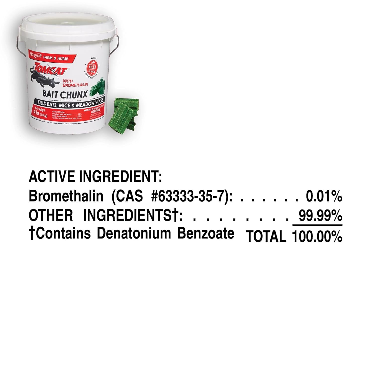 Tomcat with Bromethalin Bait Chunx Pail, Rat and Mice Control for Agricultural Use and Professional Applicators, 4.25 lbs. (Pack of 4)