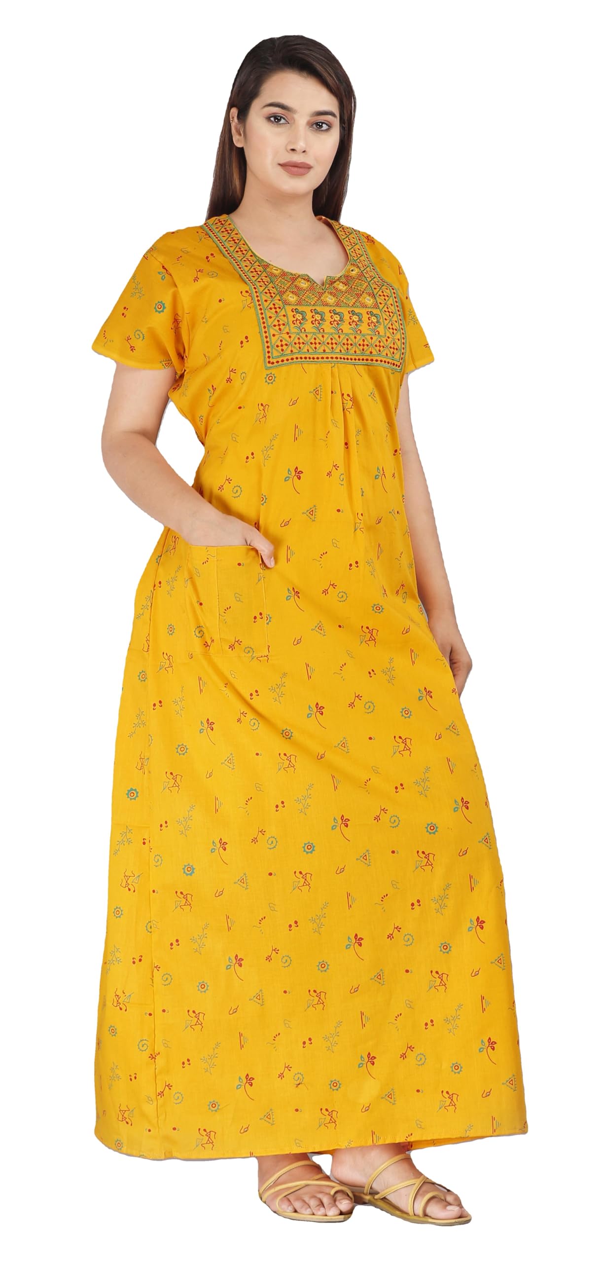 Pure Cotton Embroidery Nighty for Women's | Night Gown | Nighty | Nightdress | Maxi | Sleepwear | Jaipuri Nighty | Nighties | Cotton Night Gown with a Pocket and Adjustable Knot