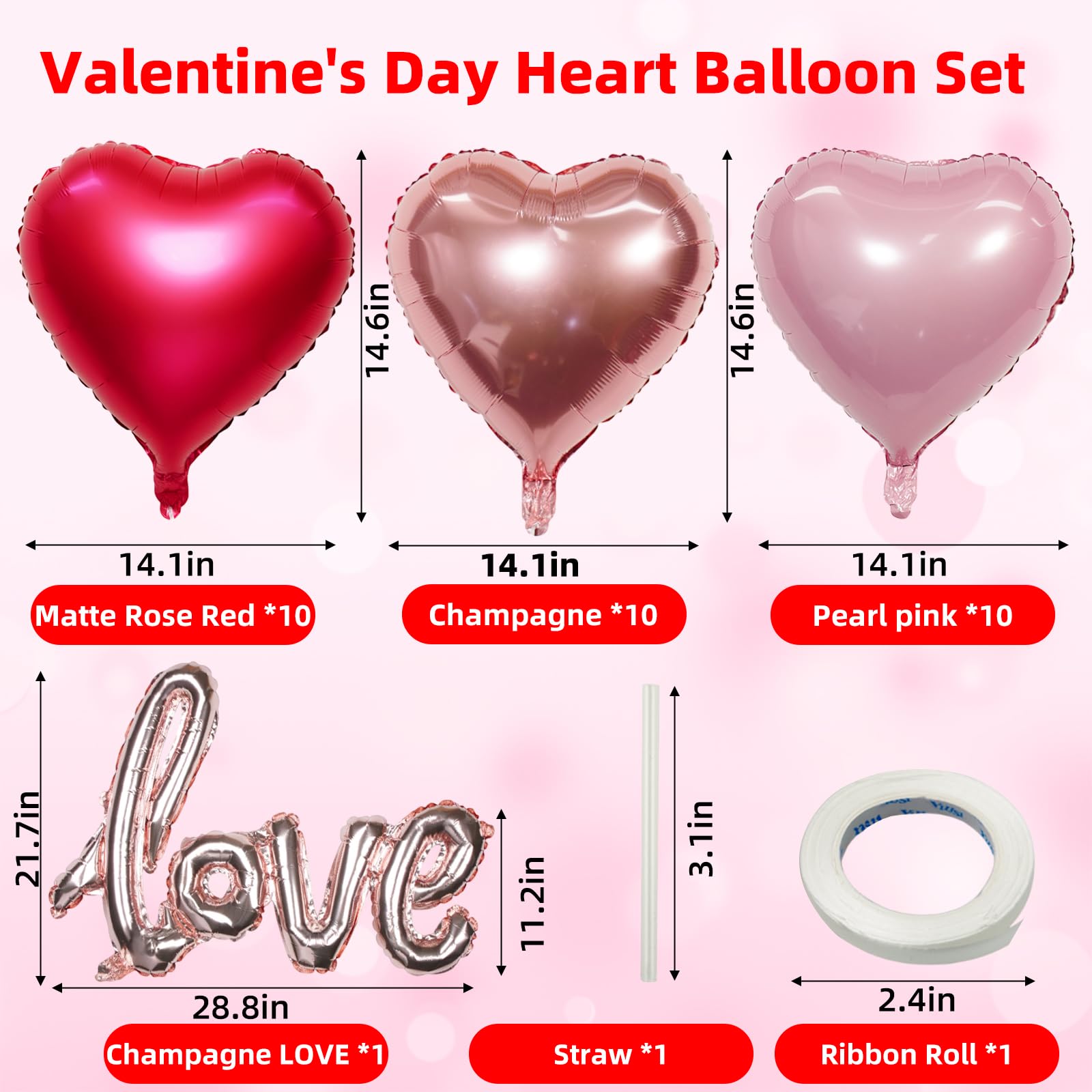 GOGOLAN 30 Pcs 18 In Red Heart Balloons and 1Pcs 40 In Linked LOVE Foil Balloon for Romantic Valentines Day Decorations (champagne/matte rose red/pearl pink) - Image 2