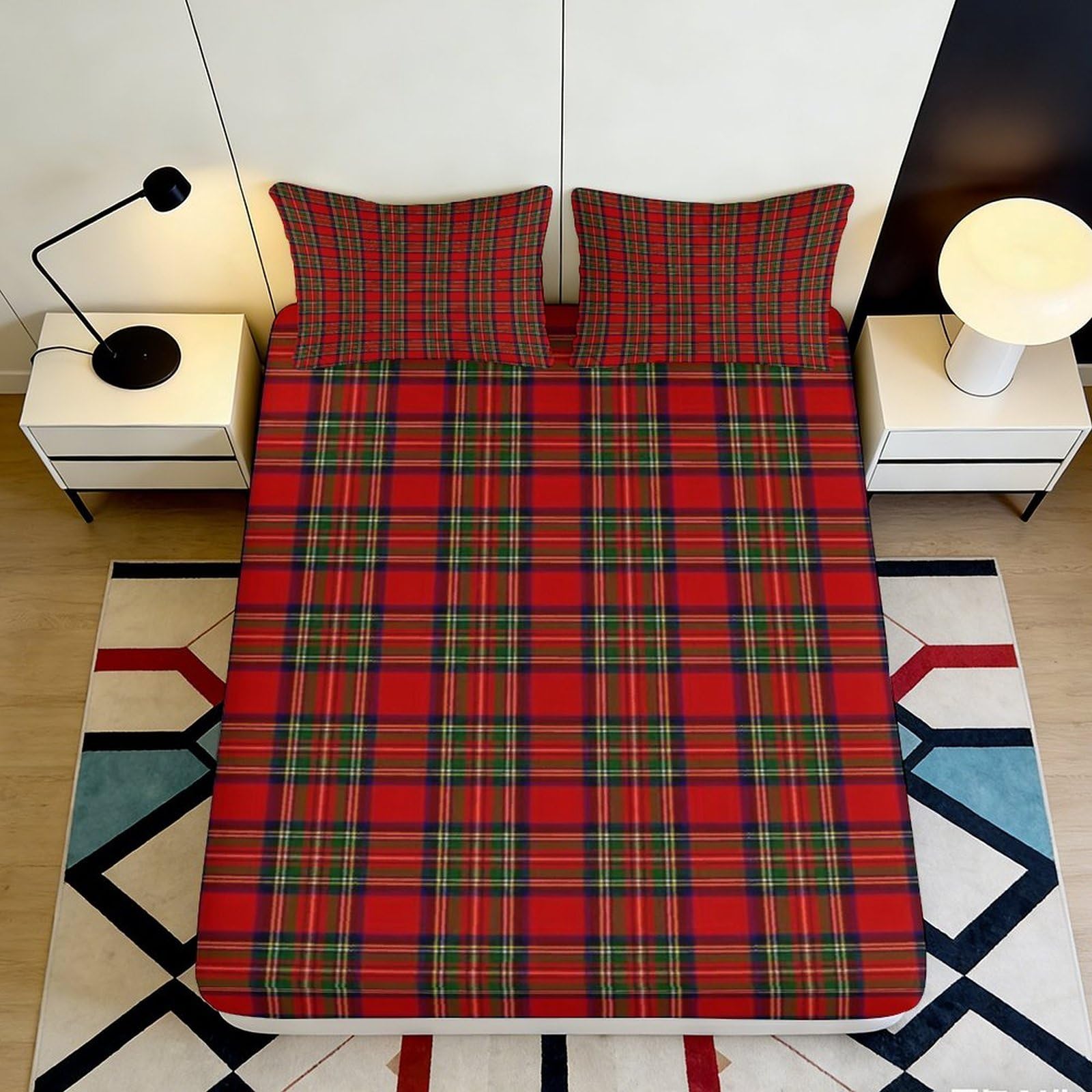 3D Printed Red Tartan Plaid Fitted Sheet Microfiber Soft Anti-Slip Mattress Cover for Bedroom Guestroom Decor 160x200x25cm