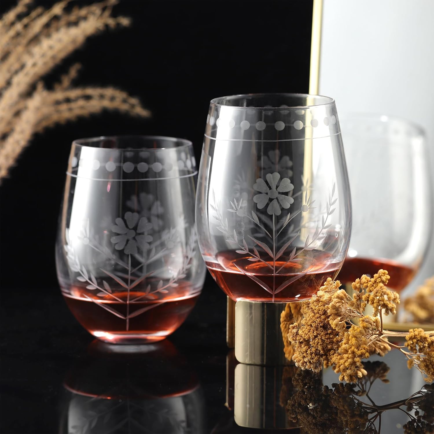 Joeyan Hand Blown Etched Stemless Wine Glasses,Carved Red and White Wine Tumbler with Floral Pattern,Clear Drinking Glass Cups,Glassware for Birthday Party Anniversary,19 oz,Set of 4,Dishwasher Safe - Image 5